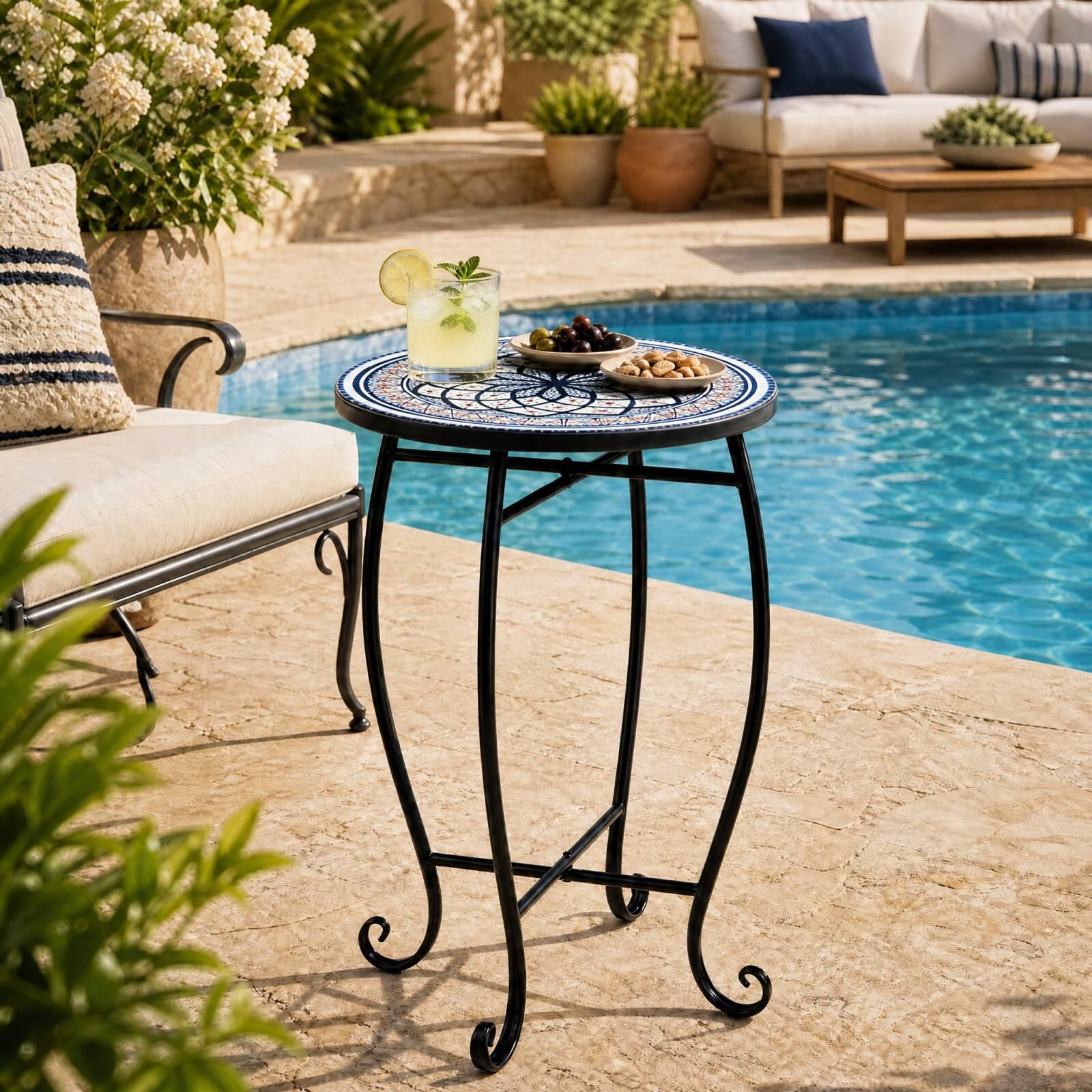 Alt View 3. Costway - Costway 14 Inch Mosaic Patio Side Table Metal Accent End Table Plant Stand for Porch Garden - White & Black.