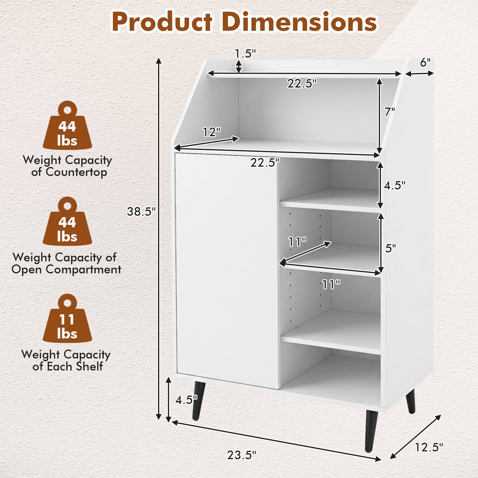 Product Dimensions: 1.5" x 6" x 22.5"  
Weight Capacity of Countertop: 44 lbs  
Weight Capacity of Open Compartment: 44 lbs  
Weight Capacity of Each Shelf: 11 lbs
