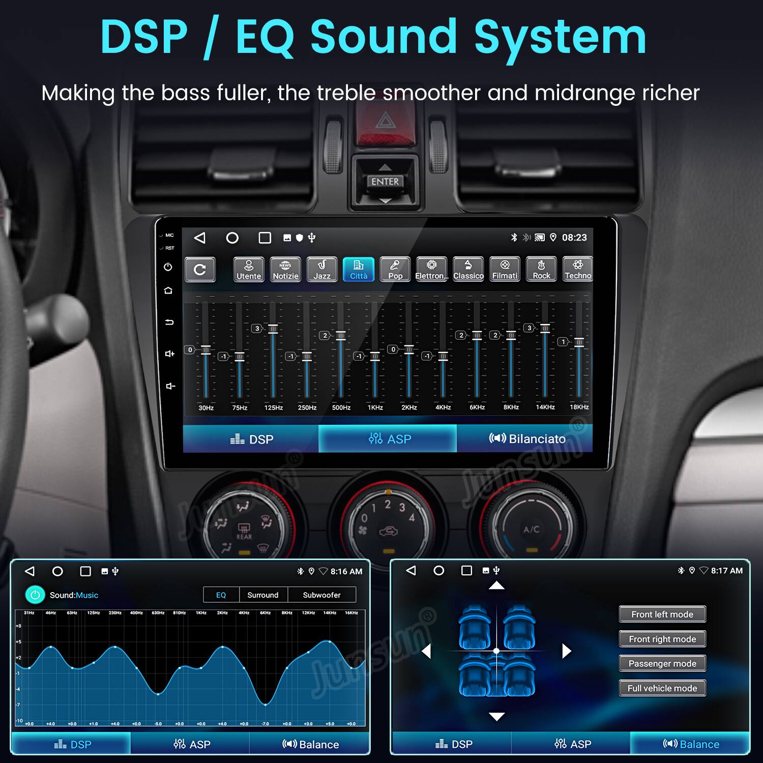 DSP / EQ Sound System  
Making the bass fuller, the treble smoother and midrange richer  

ENTER - -T 08:23  
Utenne Notizie Jazz CiNta Pop e Dettron Classico Filmati Rock Techno  

ASP () Bilanciato S 1 2 3 Jumsum 0 A/C REAR 8:16 AM 8:17 AM  
Sound-Music EQ Surround Subwoofer  

Front left mode - a  
Front right mode - N  
Passenger mode  
Full vehicle mode  

DSP 2 ASP (4) Balance  
DSP ASP (4) Balance