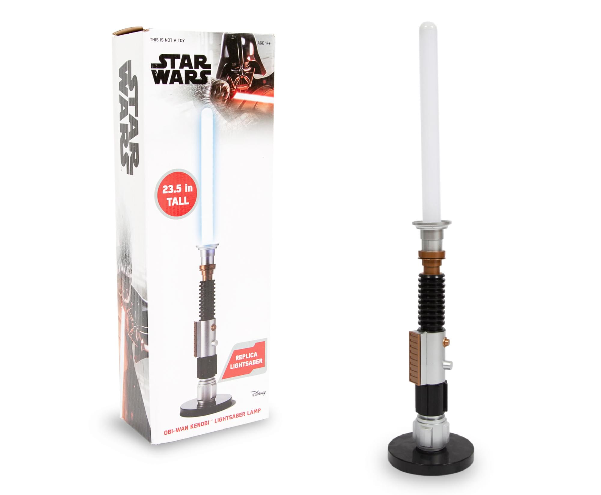 This is not a toy.  
Star Wars  
23.5 in tall  
Replica Lightsaber  
Disney  
Obi-Wan Kenobi Lightsaber Lamp