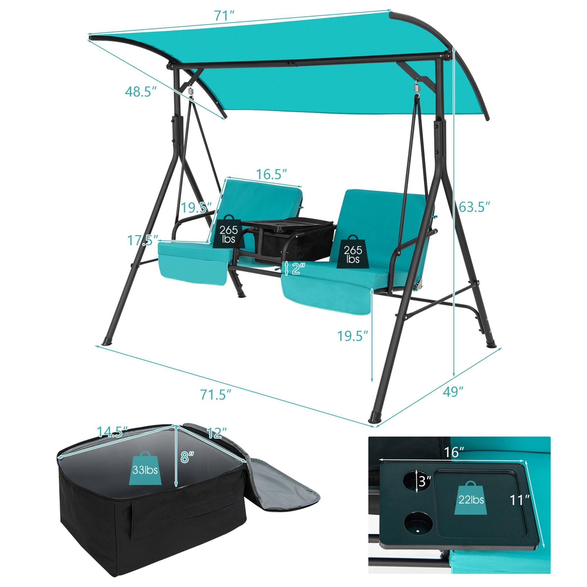 Alt View 2. Gymax - Gymax 2-Person Canopy Porch Swing Padded Chair Cooler Bag Rotatable Tray Turquoise - Turquoise.