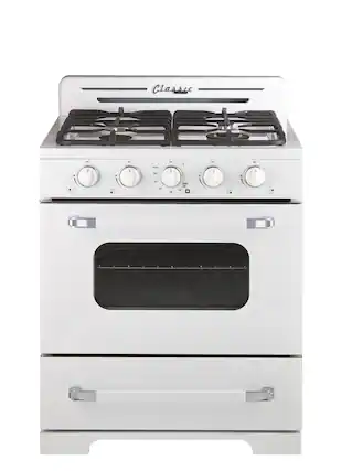 Classic LDN is a brand of stove top oven. The image shows a white stove top oven with a black oven door. The oven has a four burner stove and a single oven. The stove is white and black in color, and it is placed in a white background.