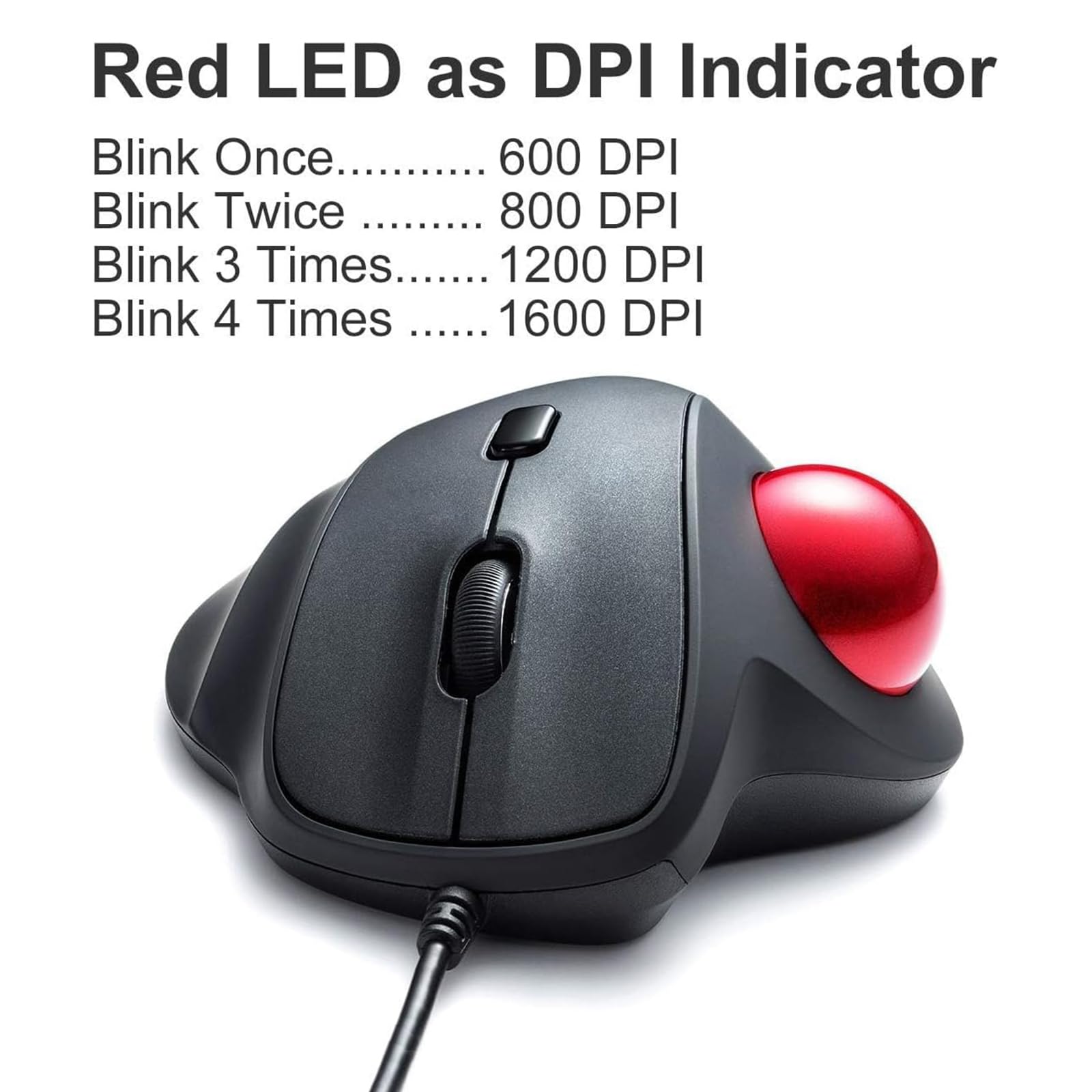 Red LED as DPI Indicator

Blink Once........ 600 DPI  
Blink Twice....... 800 DPI  
Blink 3 Times...... 1200 DPI  
Blink 4 Times ...... 1600 DPI