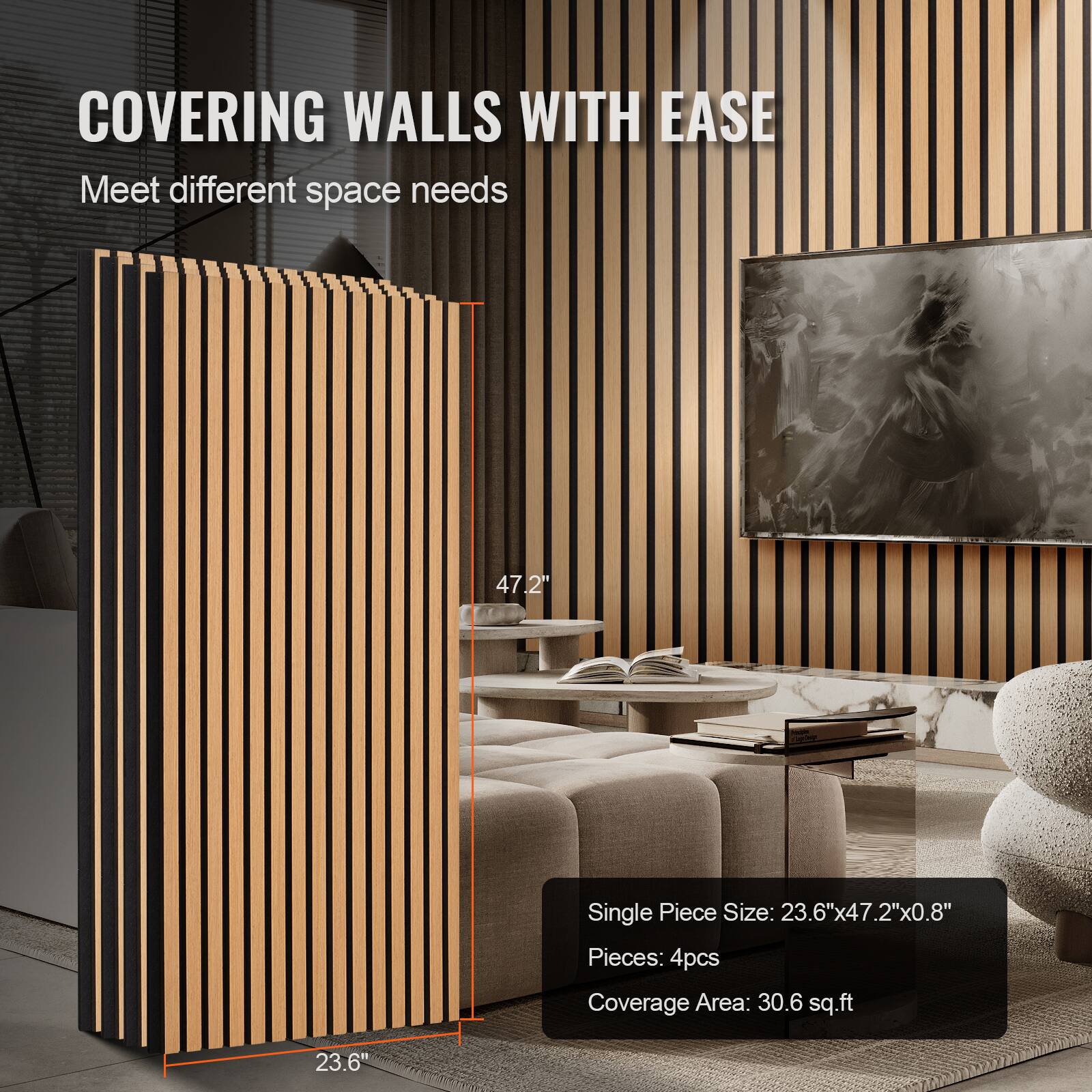 COVERING WALLS WITH EASE  
Meet different space needs  

Single Piece Size: 23.6" x 47.2" x 0.8"  
Pieces: 4pcs  
Coverage Area: 30.6 sq.ft