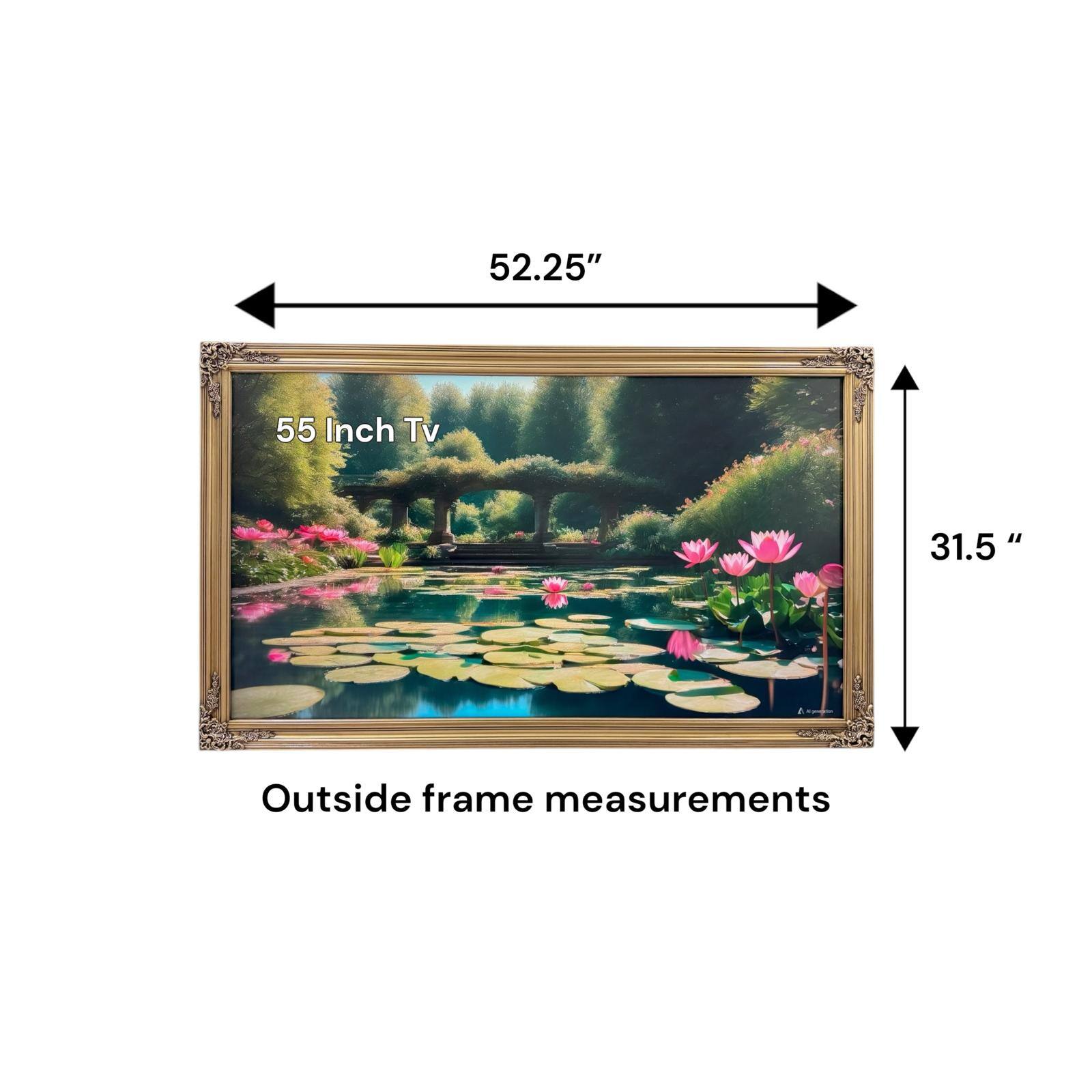 52.25" x 31.5" Outside frame measurements for a 55 Inch TV
