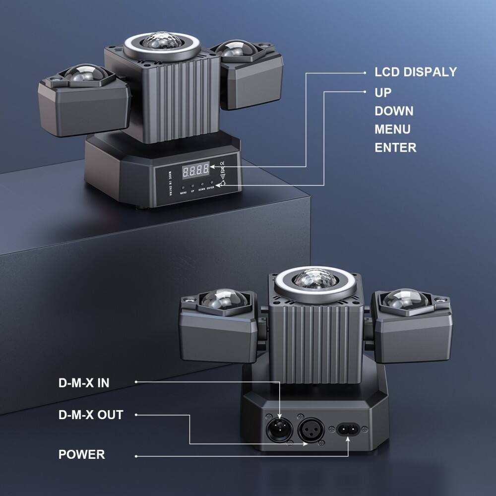 LCD DISPLAY  
UP  
DOWN  
MENU  
ENTER  

D-M-X IN  
D-M-X OUT  
POWER