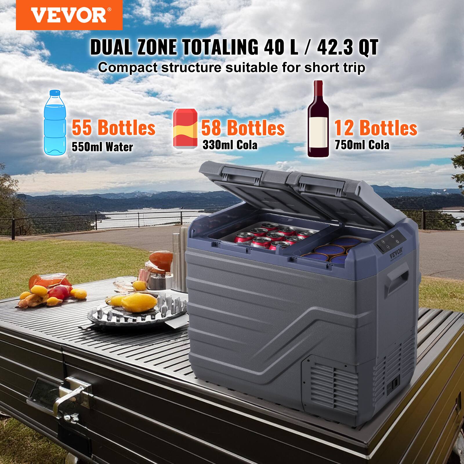 VEVOR DUAL ZONE TOTALING 40 L/ 42.3 QT Compact structure suitable for short trip 55 Bottles 550ml Water 58 Bottles 330ml Cola 12 Bottles 750ml Cola PEVOI
