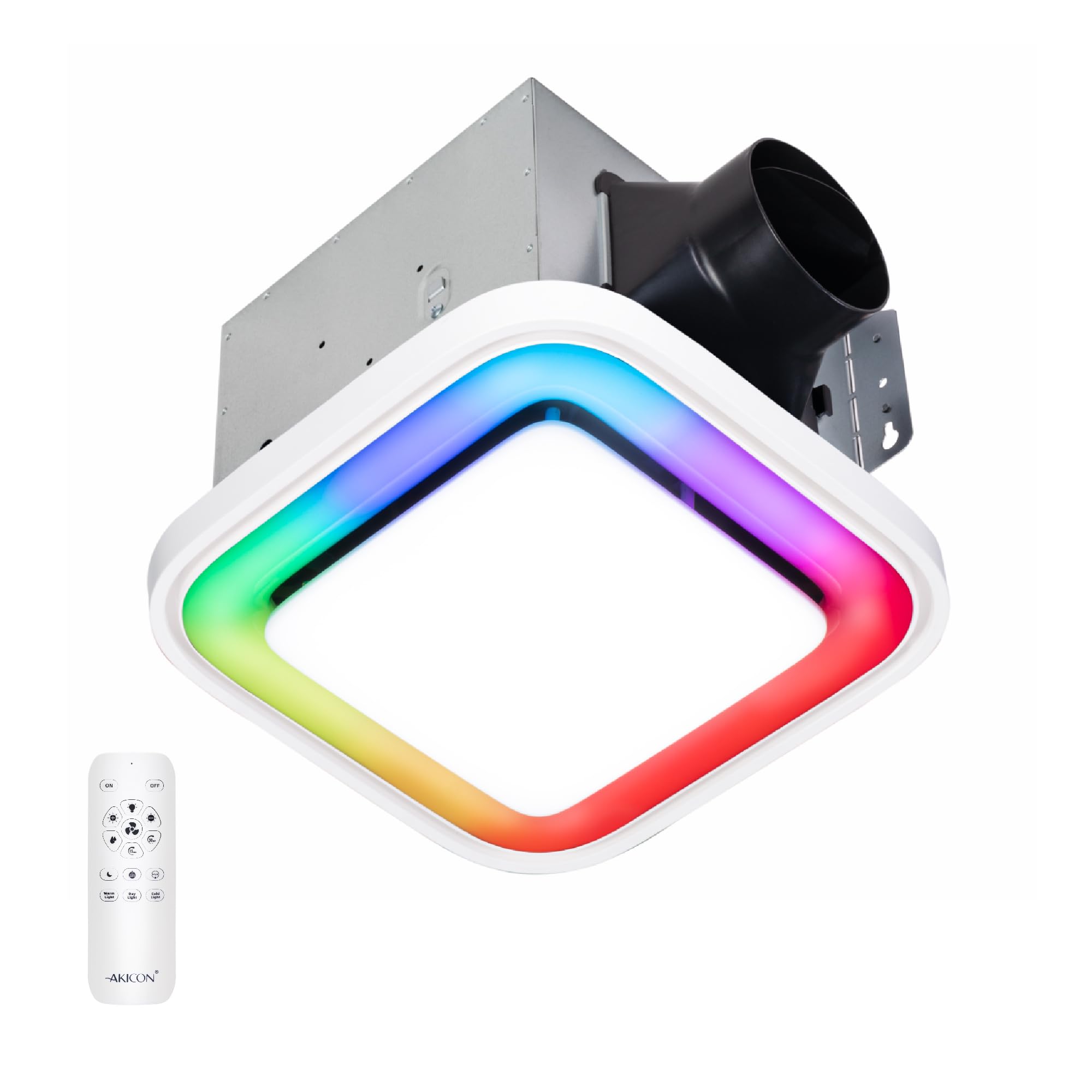Front. Akicon - RGB3 Decorative White 110 CFM 1.5 Sone Ceiling Bathroom Exhaust Fan with Dimmable and RGB Light, Remote, Square - White.