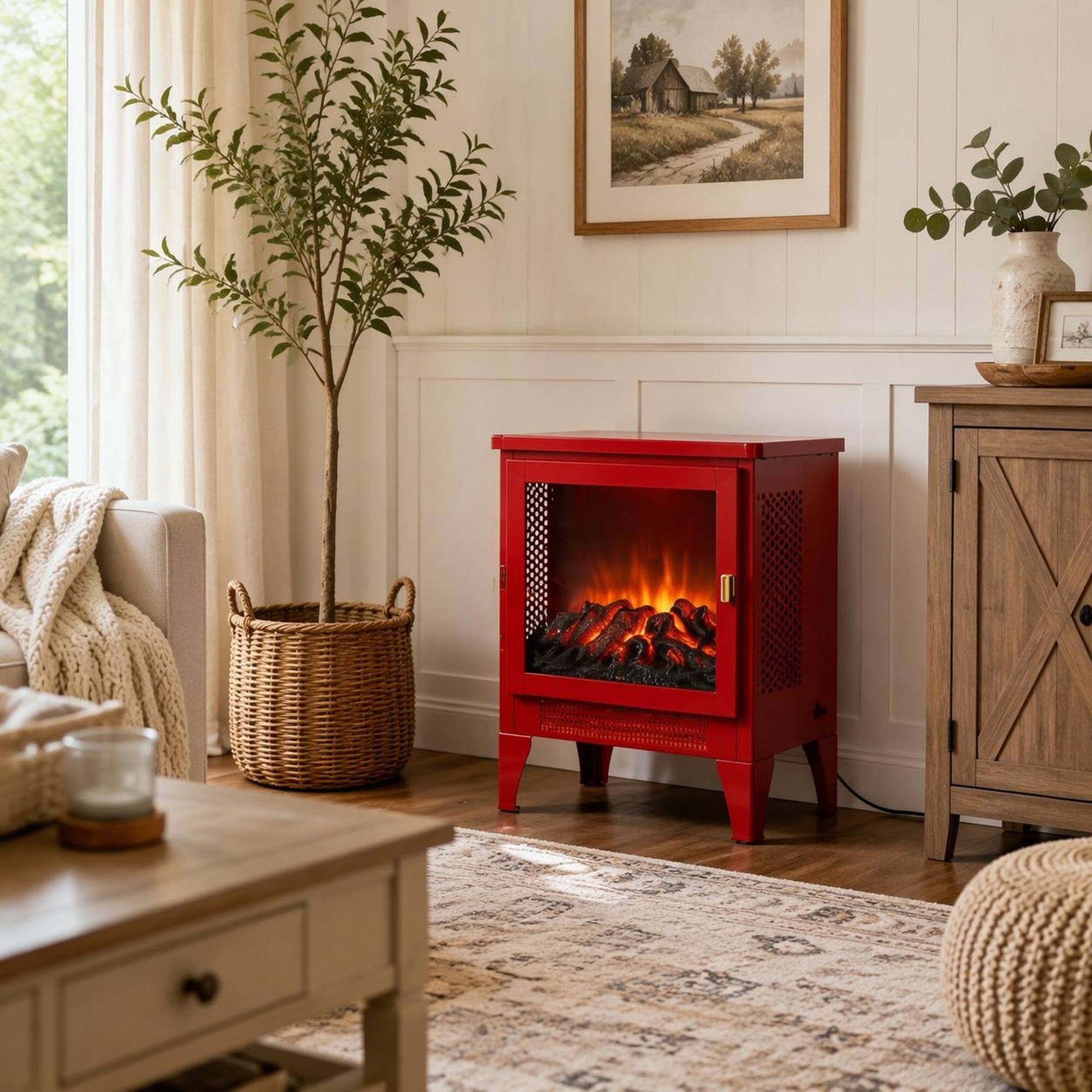 Angle. RYHNUYNE - 18 Inch Freestanding Electric Fireplace Stove Heater with 3D Flame Effect for Living Room Bedroom - Red.