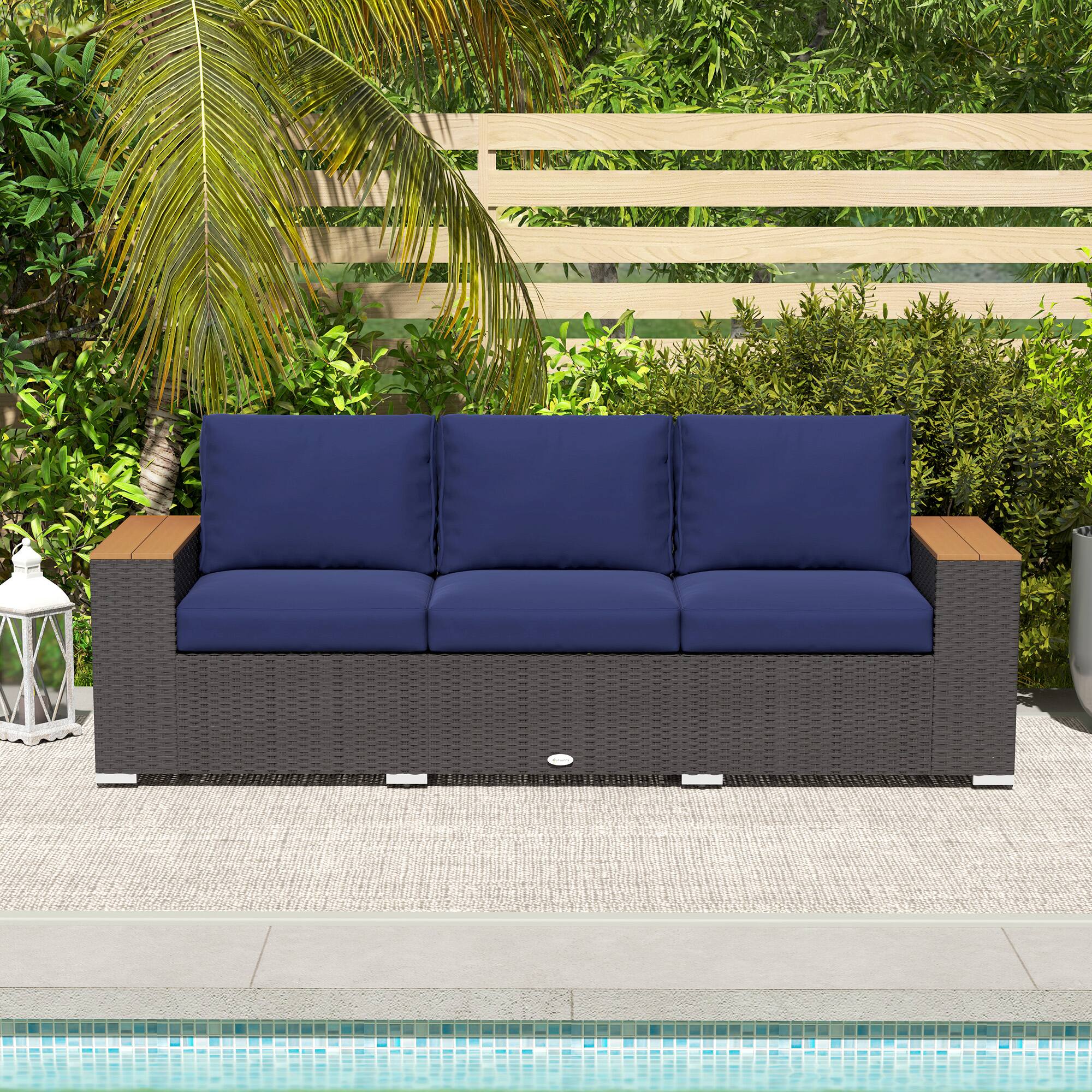 Alt View 8. Outsunny - 3-Seat Outdoor Patio Sofa with Cushions, PE Rattan Wicker Sofa with Wood Grain Wide Armrests, Outdoor Wicker Couch - Navy Blue.