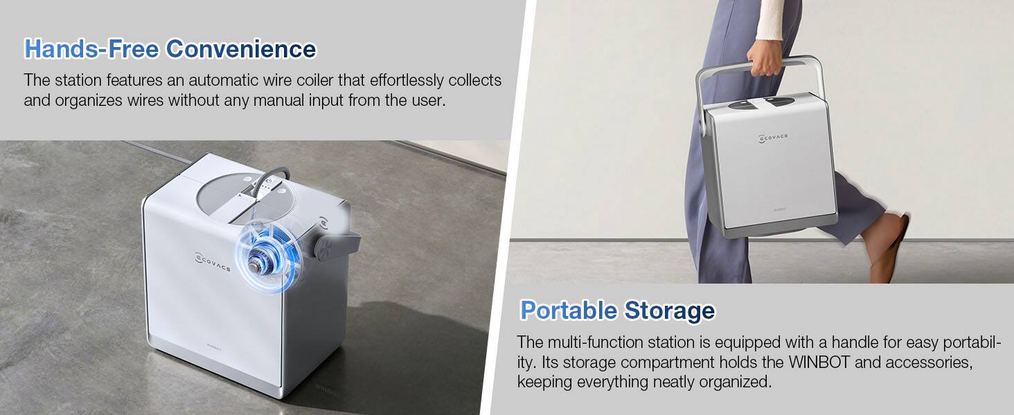 Hands-Free Convenience  
The station features an automatic wire coiler that effortlessly collects and organizes wires without any manual input from the user.  

GEOVAC ECOVACE Portable Storage  
The multi-function station is equipped with a handle for easy portability. Its storage compartment holds the WINBOT and accessories, keeping everything neatly organized.