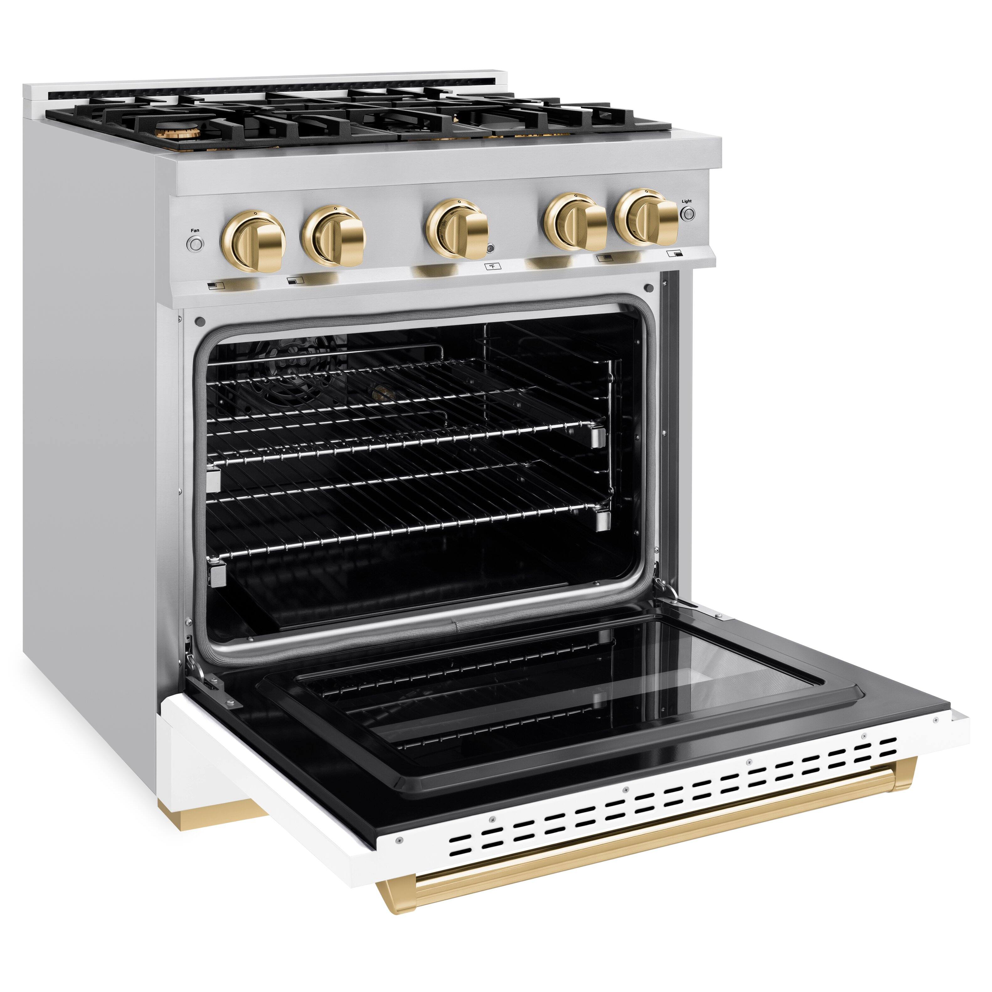 Left. ZLINE - ZLINE Autograph 30 in. Classic Satin Steel Gas Range with Gold Accents (CGRSZ-WM-30-G) - Black Matte.