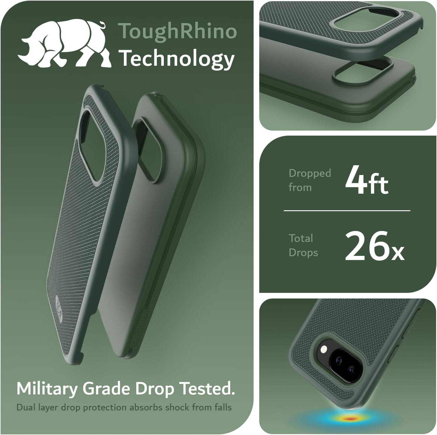 ToughRhino Technology

Dropped from 4ft  
Total Drops 26x

Military Grade Drop Tested.  
Dual layer drop protection absorbs shock from falls