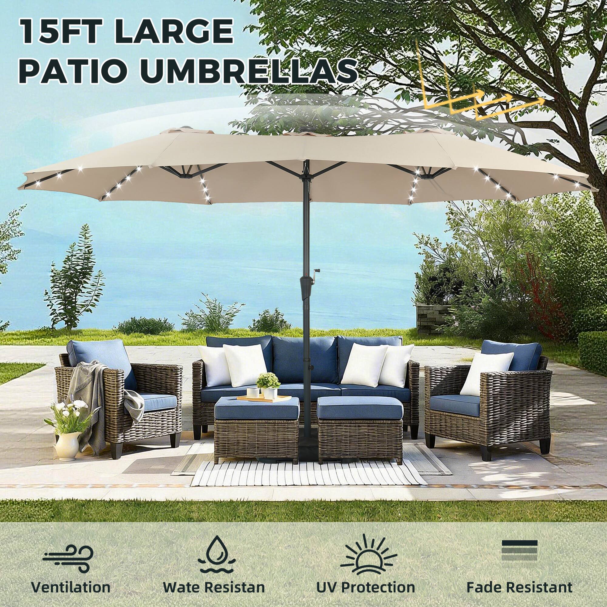 15FT LARGE PATIO UMBRELLAS

- Ventilation
- Water Resistant
- UV Protection
- Fade Resistant