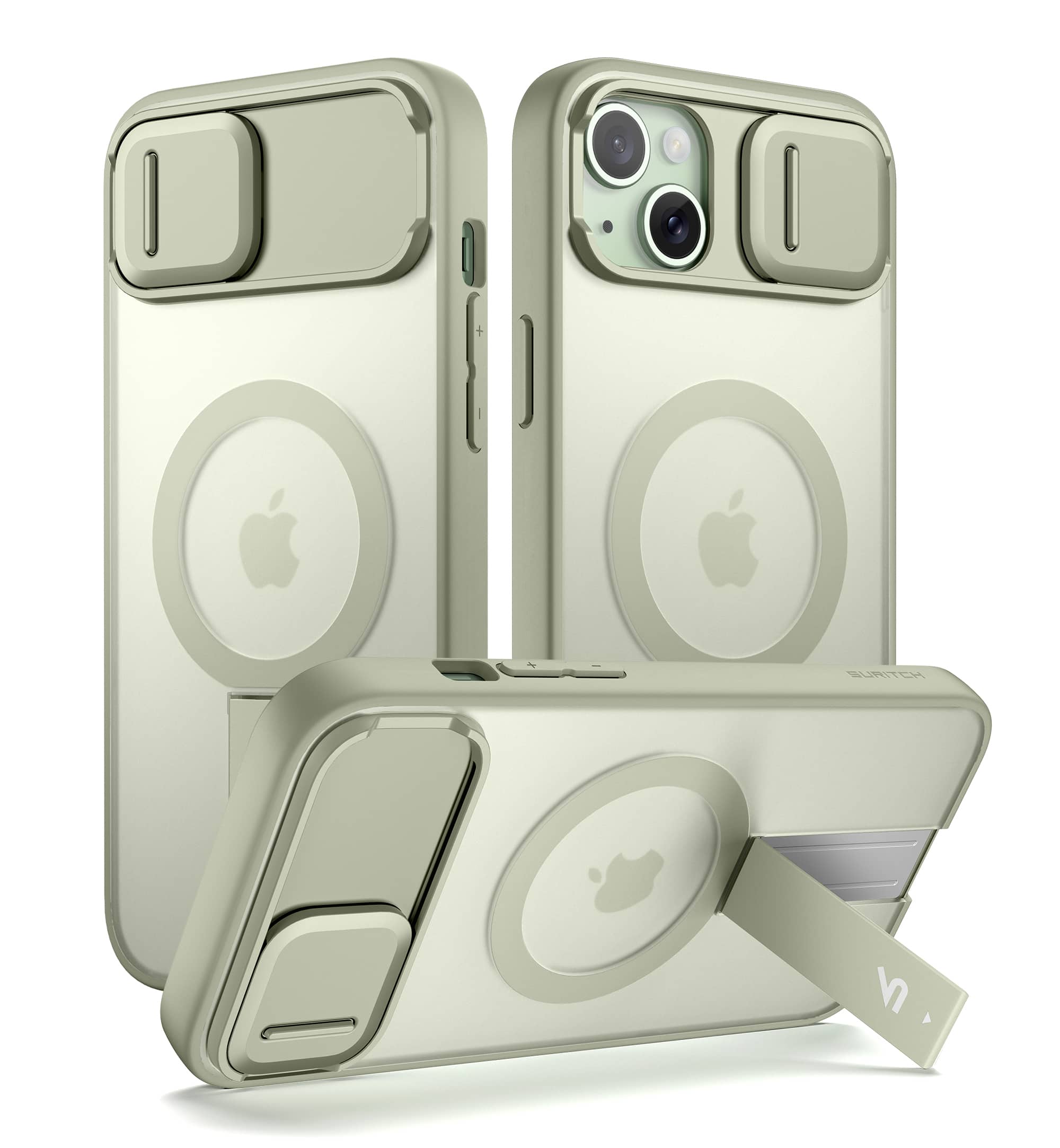 SURITCH - Rugged Case for iPhone 14 Plus/15 Plus, Compatible with MagSafe, Built-in Kickstand & Camera Cover & Translucent Back - Khaki Green price history on PriceWatchPro