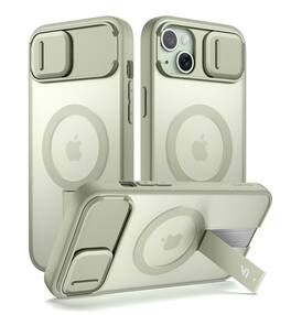 SURITCH - Rugged Case for iPhone 14 Plus/15 Plus, Compatible with MagSafe, Built-in Kickstand & Camera Cover & Translucent Back - Khaki Green
