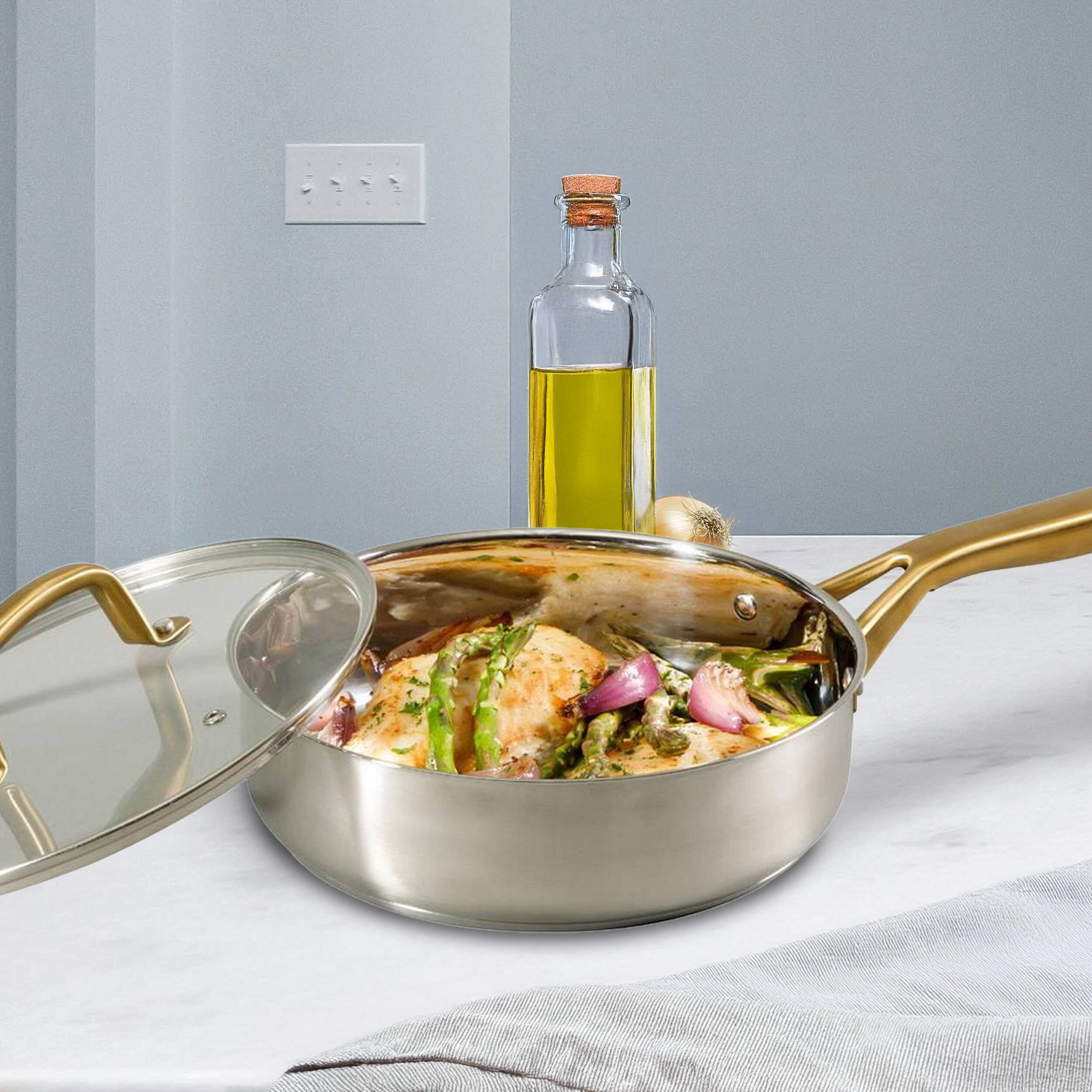 Alt View 6. Oster - Oster Davinelle 12 Piece Stainless Steel Cookware Set in Silver with Gold Handle - Silver.