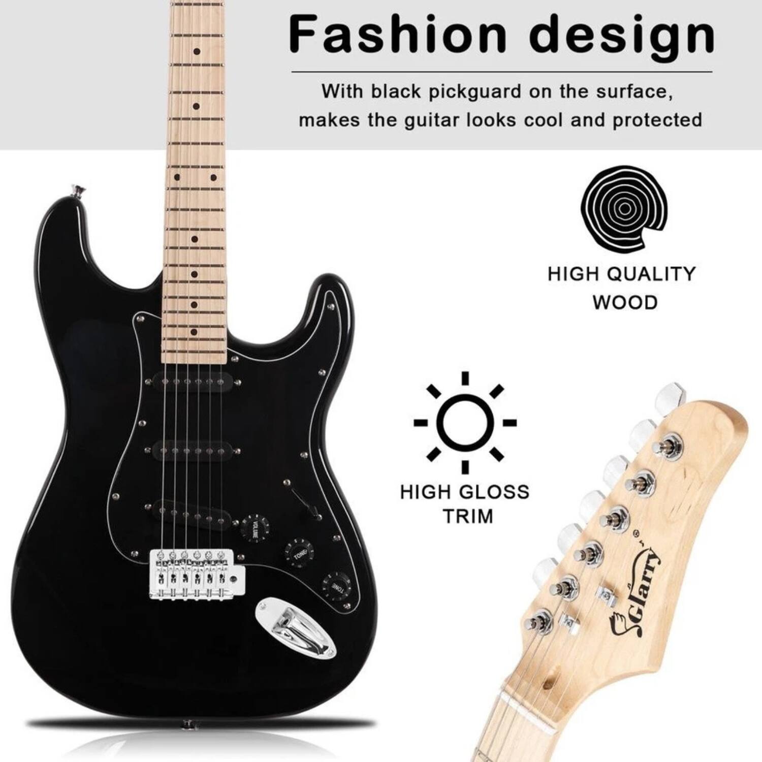 Fashion design  
With black pickguard on the surface, makes the guitar look cool and protected  

HIGH QUALITY WOOD  
HIGH GLOSS TRIM  

Sclarry