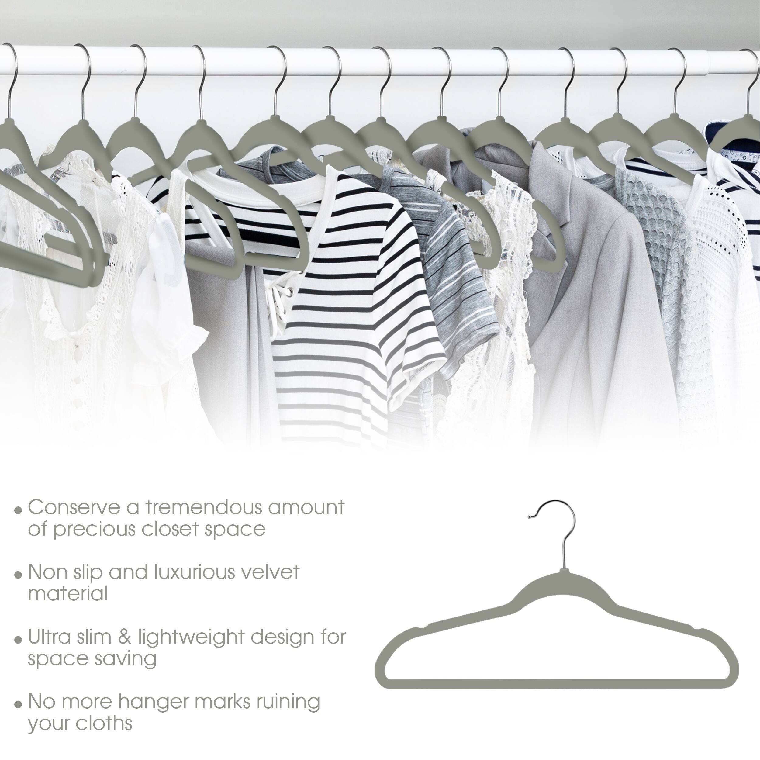 Conserve a tremendous amount of precious closet space, Non slip and luxurious velvet material, Ultra slim & lightweight design for space saving, No more hanger marks ruining your cloths