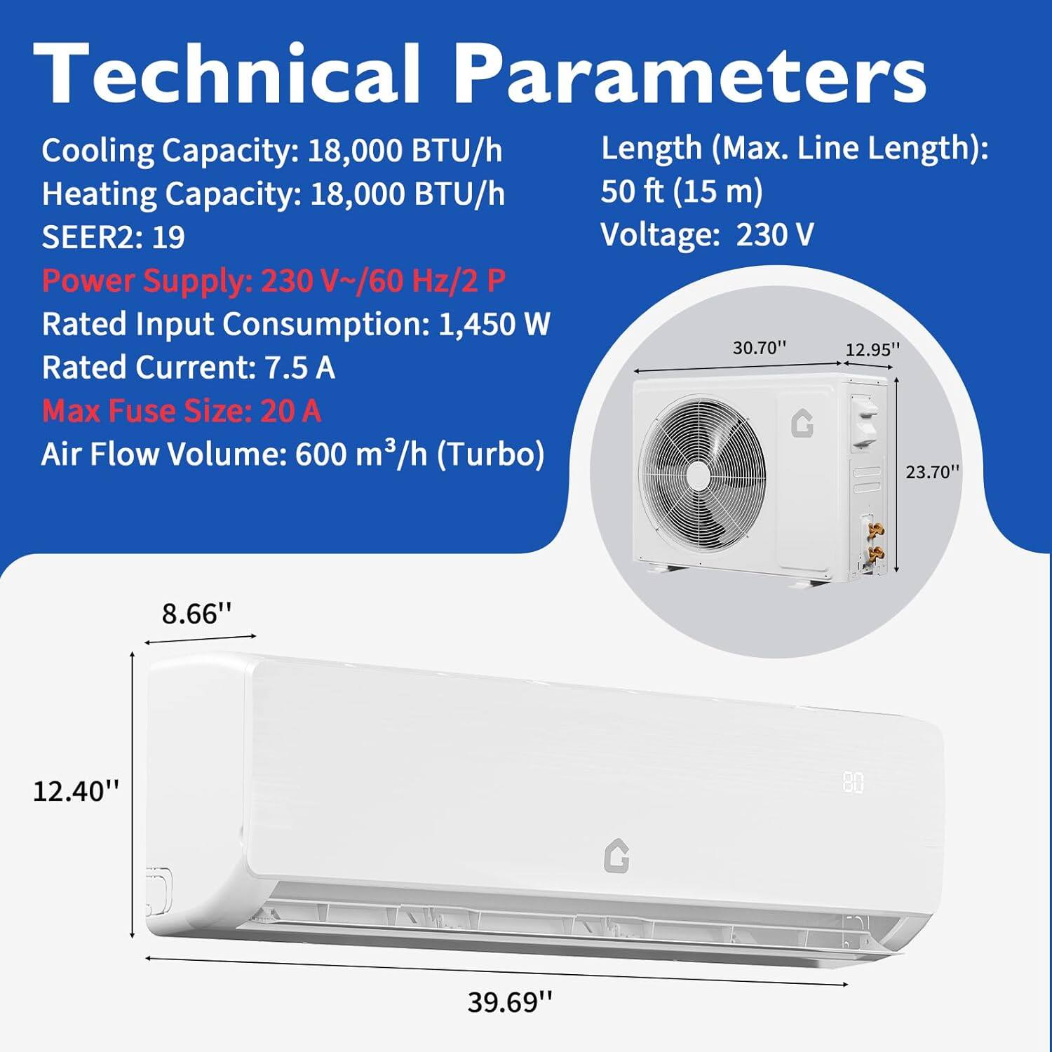 Technical Parameters

Cooling Capacity: 18,000 BTU/h  
Heating Capacity: 18,000 BTU/h  
SEER2: 19  
Power Supply: 230 V~/60 Hz/2 P  
Rated Input Consumption: 1,450 W  
Rated Current: 7.5 A  
Max Fuse Size: 20 A  
Air Flow Volume: 600 m³/h (Turbo)  

Length (Max. Line Length): 50 ft (15 m)  
Voltage: 230 V  

Dimensions:  
- 30.70" (W) x 23.70" (H) x 12.95" (D)  
- 39.69" (W) x 12.40" (H) x 8.66" (D)