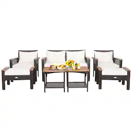 Costway - 7PCS Patio Rattan Furniture Set Cushioned Loveseat Sofa Ottoman Table - Mix Brown,Off White