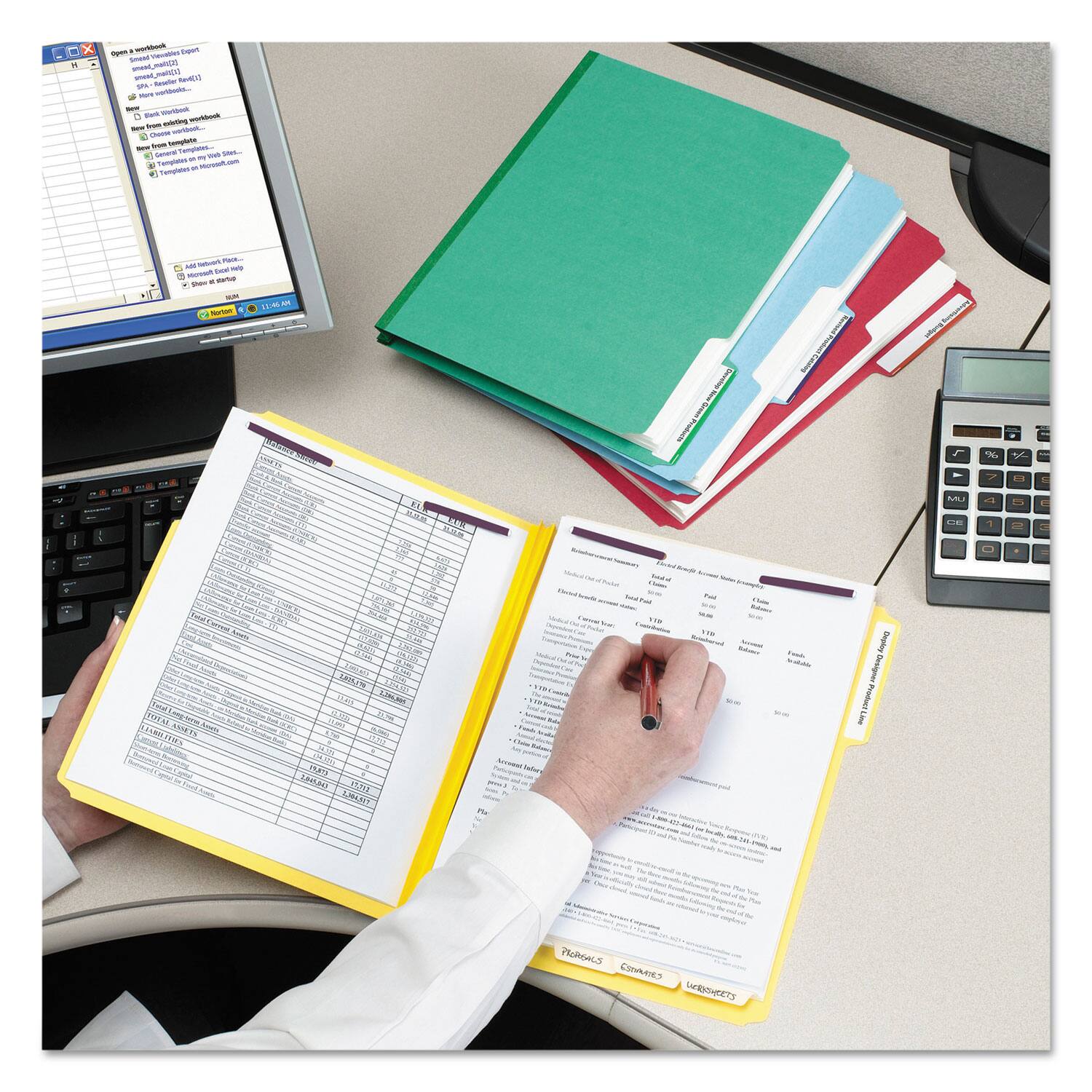 Sure, here is the corrected and grouped text:

**From the Image:**
- Open a Workbook
  - Sample Workbook (1)
  - Sample Workbook (2)
  - Sample Workbook (3)
  - More workbooks...
  - New Workbook
  - Open from computer...
  - Open from online storage...
  - Templates
    - Templates on Office.com
    - Templates on office.com
  - Add-ins
  - Show in menu
  - New Workbook

**From the Paperwork:**
- [Form Title]
  - [Form Details]
  - [Form Instructions]

**From the Calculator:**
- [Calculator Display]

**From the Folders:**
- [Folder Labels]

**From the Text in the Image:**
- W - tgun Sout T - An UMMCS N4
- E Thaste
- template SArea rungheus
- SE a
- Tampaas - Monta
- Tempows 6
- Ae
- Toa a nara Sa
- Ntal IHAL
- Pistum %
- H b AU M a 1 ms Twat A VA AM15 MNEL Ts b0 oAT CLM d D
- BIFH