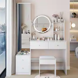 Loheer - Makeup Vanity with Full-Length Mirror Cabinet, LED Round Mirror, Cushioned Stool - White
