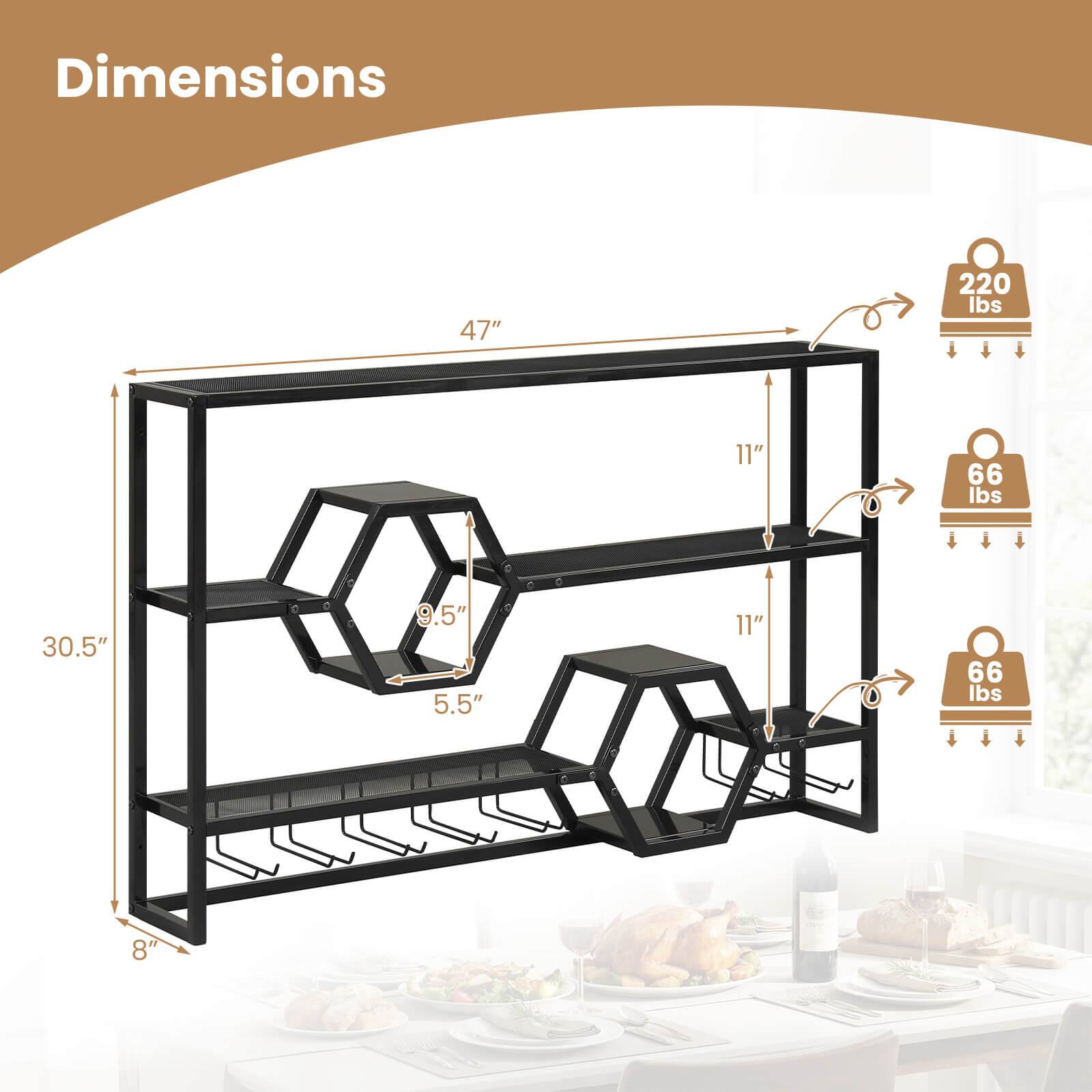 Dimensions: 47" x 11" x 30.5" x 9.5" x 5.5" x 11"  
Weight Capacity: 220 lbs (top shelf), 66 lbs (middle shelf), 66 lbs (bottom shelf)