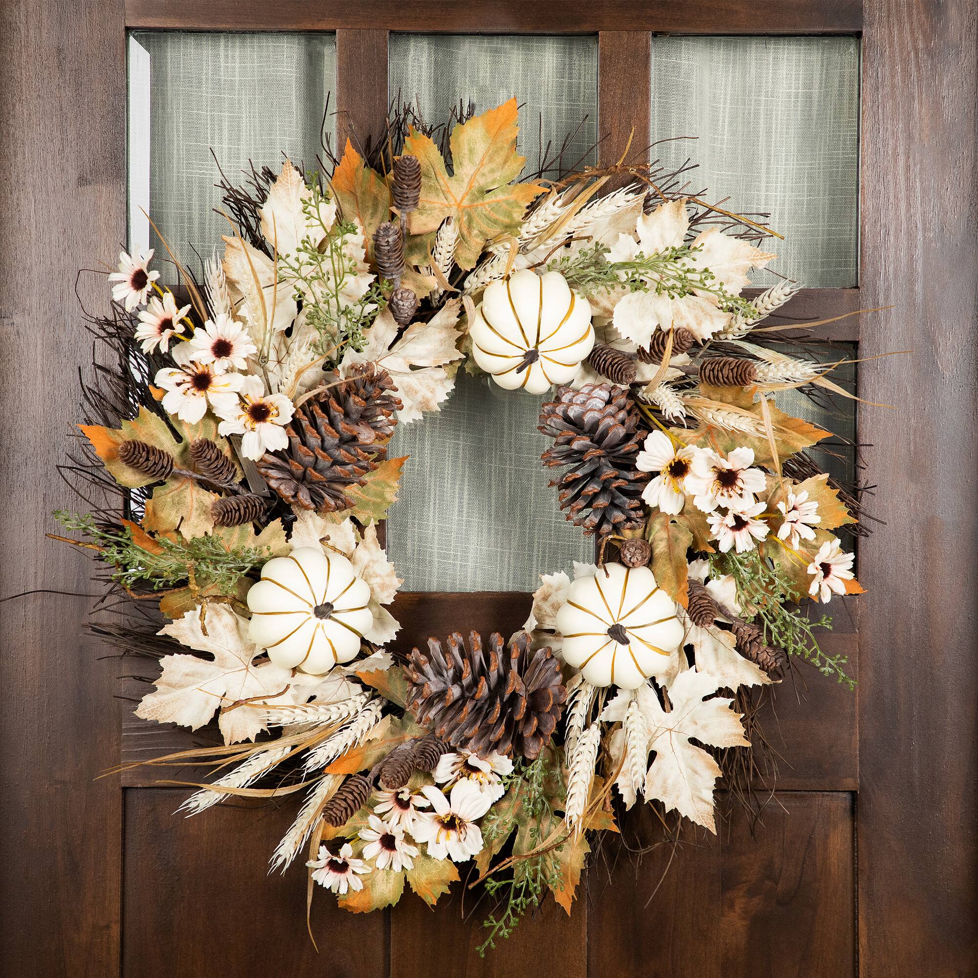 Alt View 2. Northlight - Pumpkin, Wheat and Pinecone Artificial Floral Fall Harvest Wreath - 24" - Ivory.