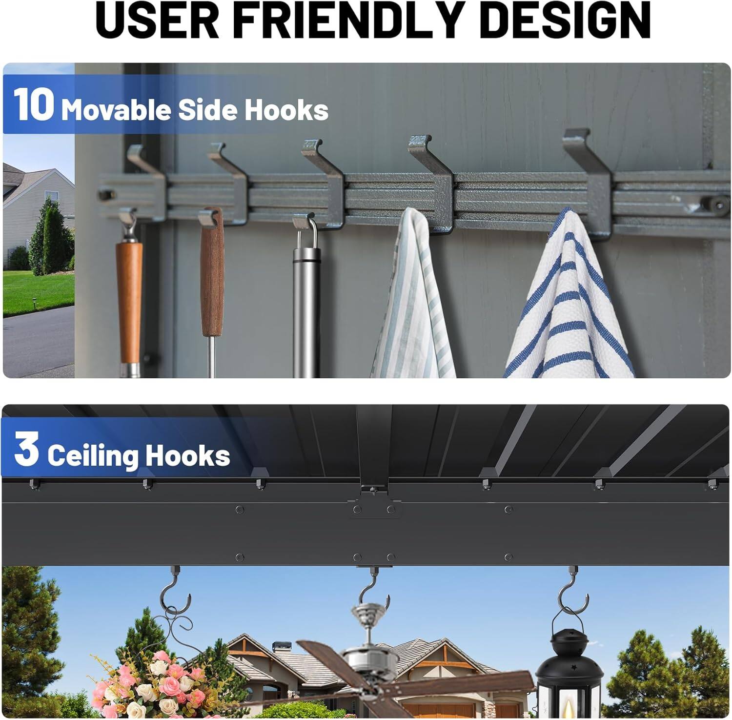 USER FRIENDLY DESIGN

10 Movable Side Hooks

3 Ceiling Hooks