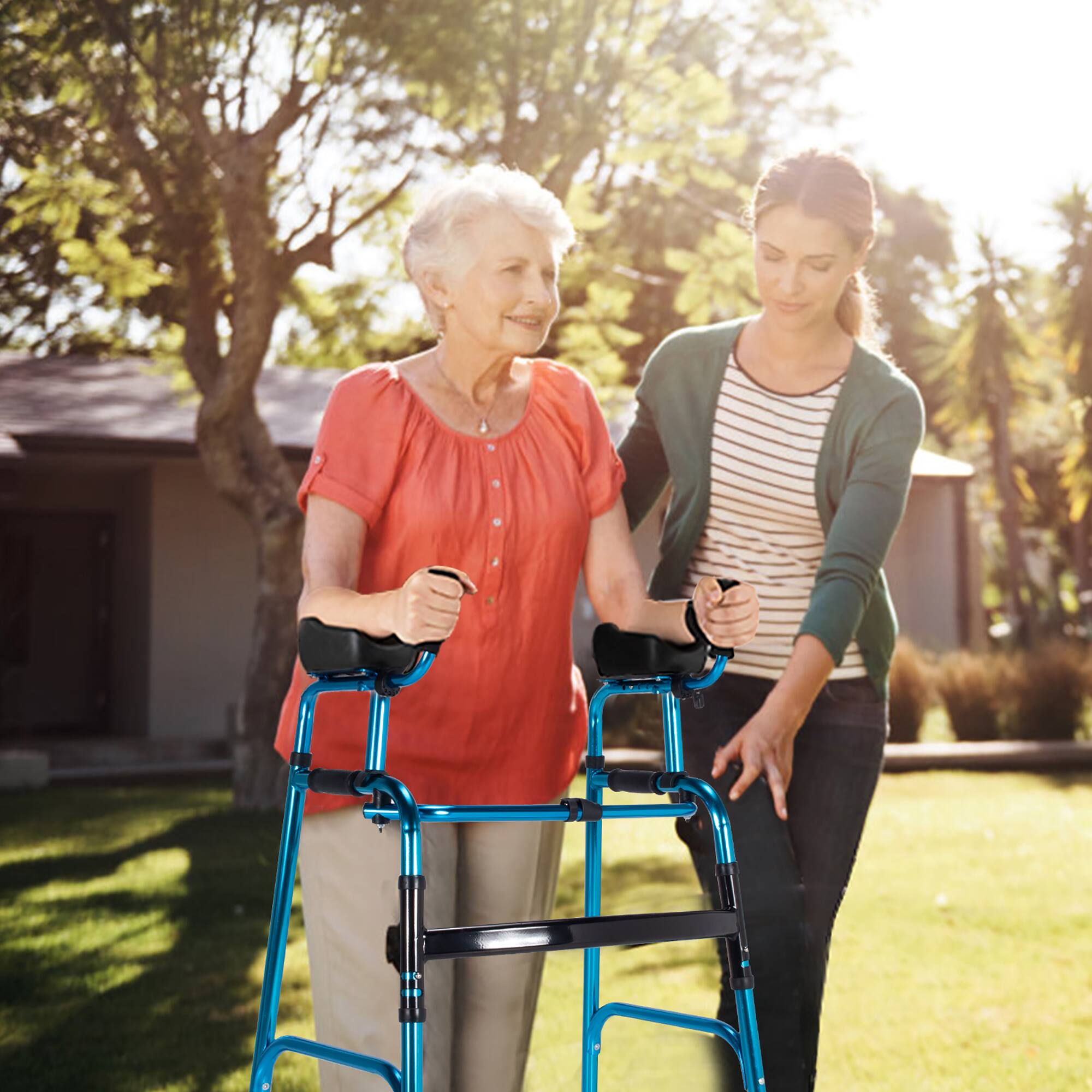 Alt View 3. Costway - Costway Folding Aluminum Alloy Wheel Walking Frame Adjustable Walker with Armrest Support Blue - Blue+ Black.