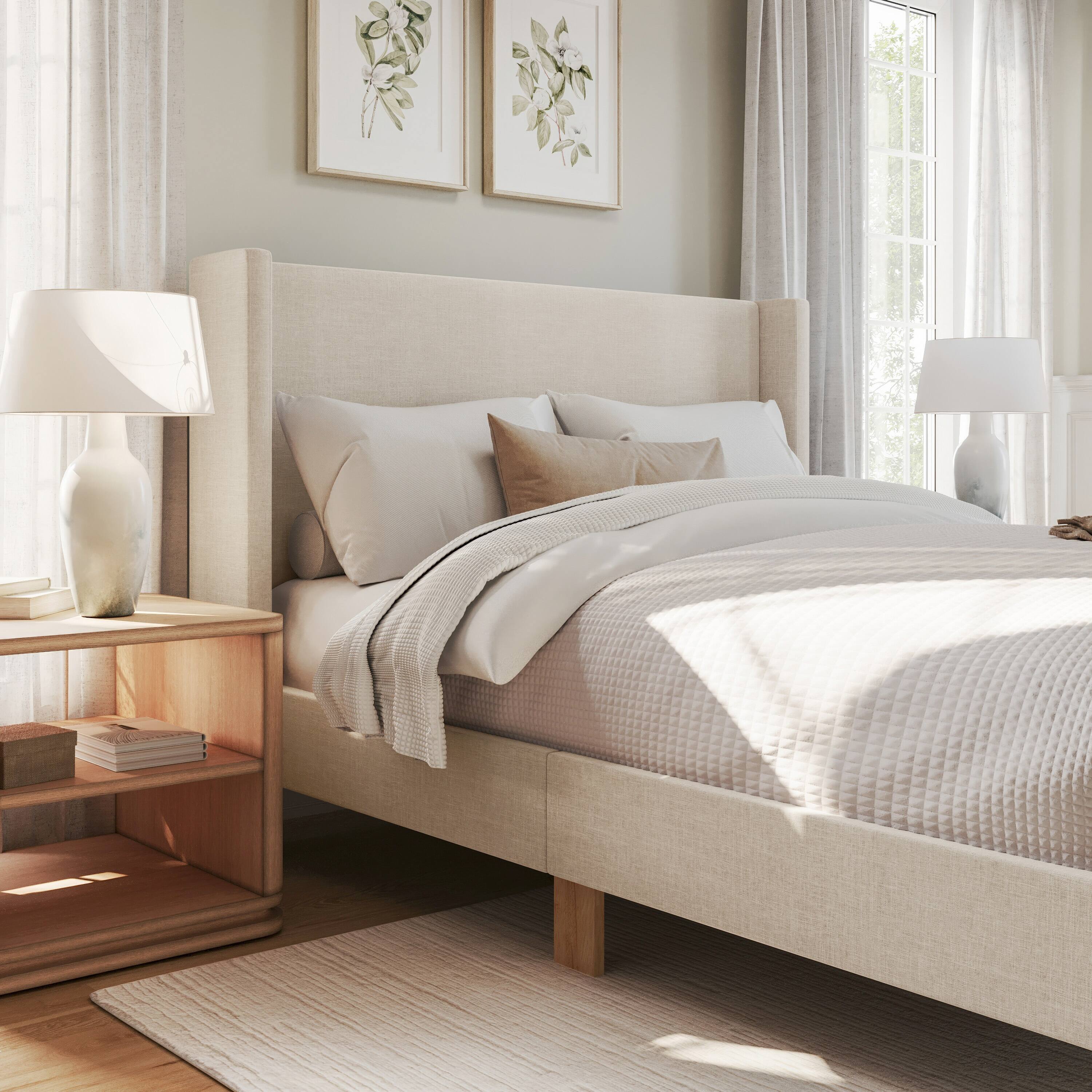 Alt View 4. Martha Stewart - Upholstered Platform Bed with Wingback Headboard - Beige.