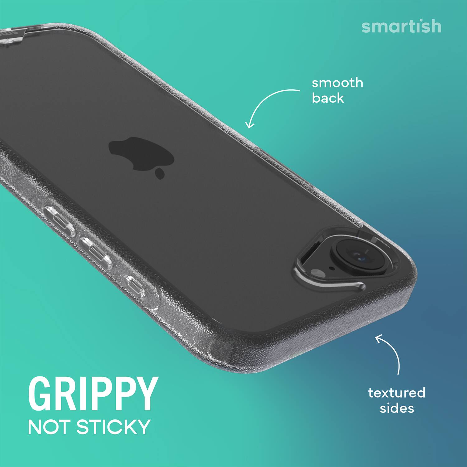 smartish  
smooth back  
GRIPPY NOT STICKY  
textured sides