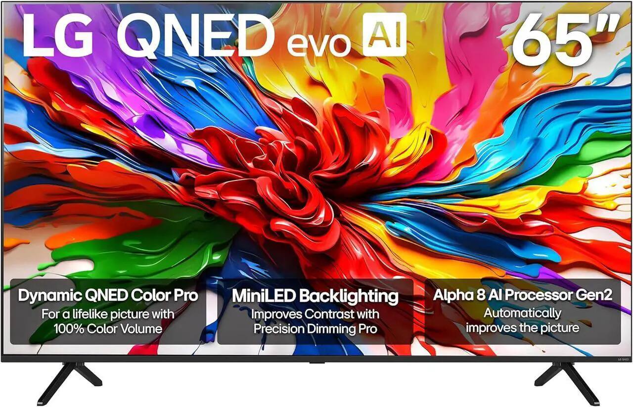 LG QNED evo AI 65" Dynamic QNED Color Pro  
For a lifelike picture with 100% Color Volume  
MiniLED Backlighting  
Improves Contrast with Precision Dimming Pro  
Alpha 8 AI Processor Gen2  
Automatically improves the picture