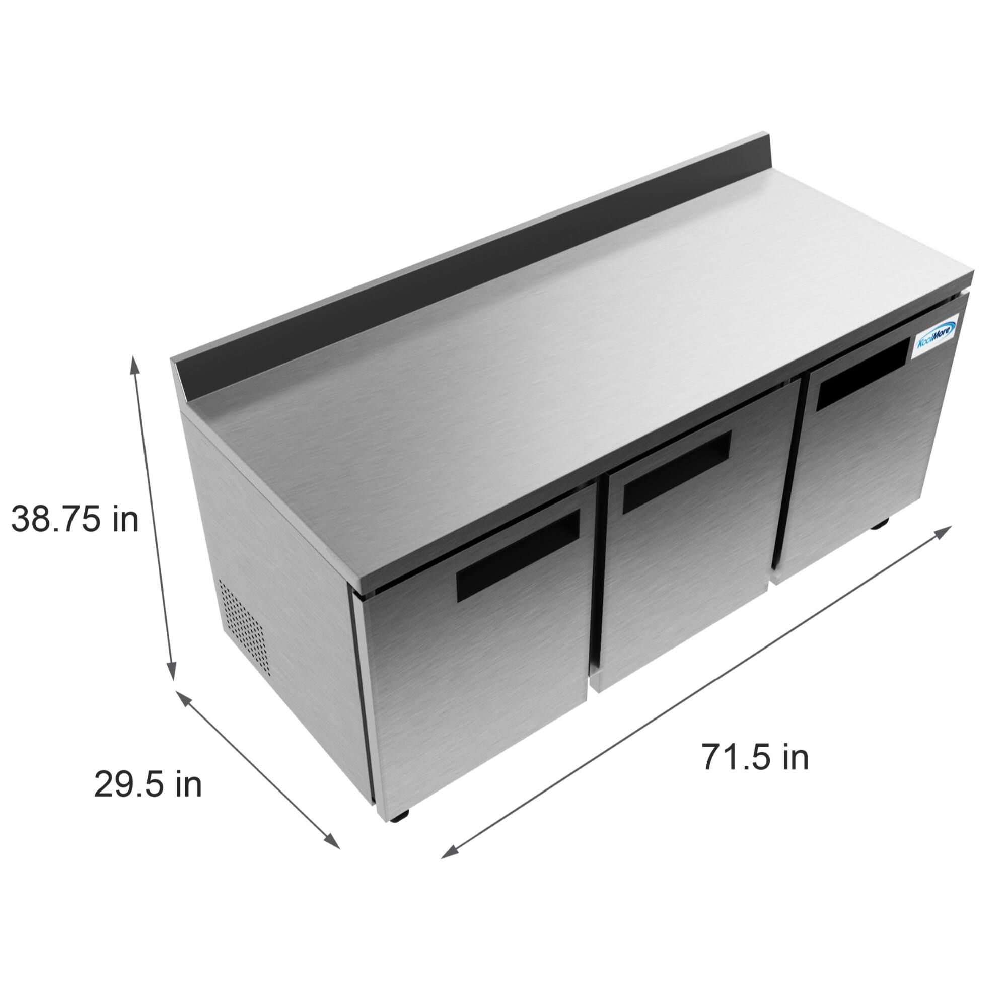 The image shows a stainless steel counter with a black countertop. The counter is 38.75 inches wide, 29.5 inches deep, and 71.5 inches tall.