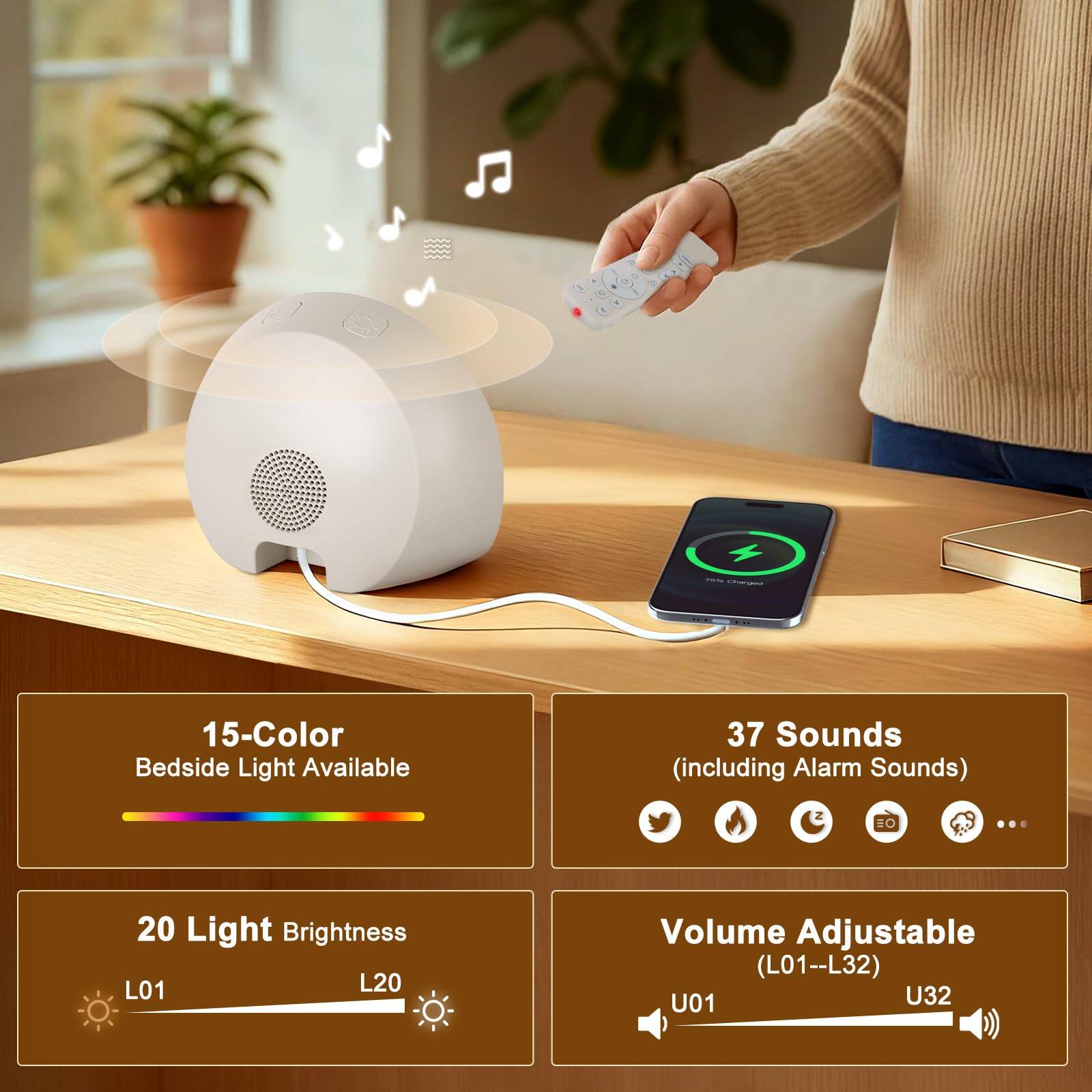 - 15-Color Bedside Light Available
- 37 Sounds (including Alarm Sounds)
- 20 Light Brightness (L01--L20)
- Volume Adjustable (L01--L32) (U01--U32)