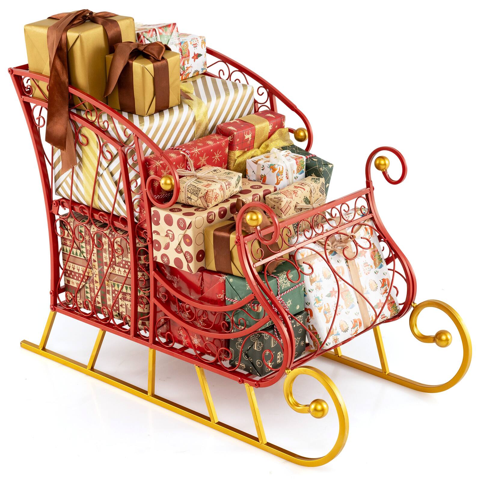 Alt View 3. Gymax - Gymax Metal Christmas Santa Sleigh Basket Festive Decorative Sleigh Cart Holiday Red & Gold - Red.