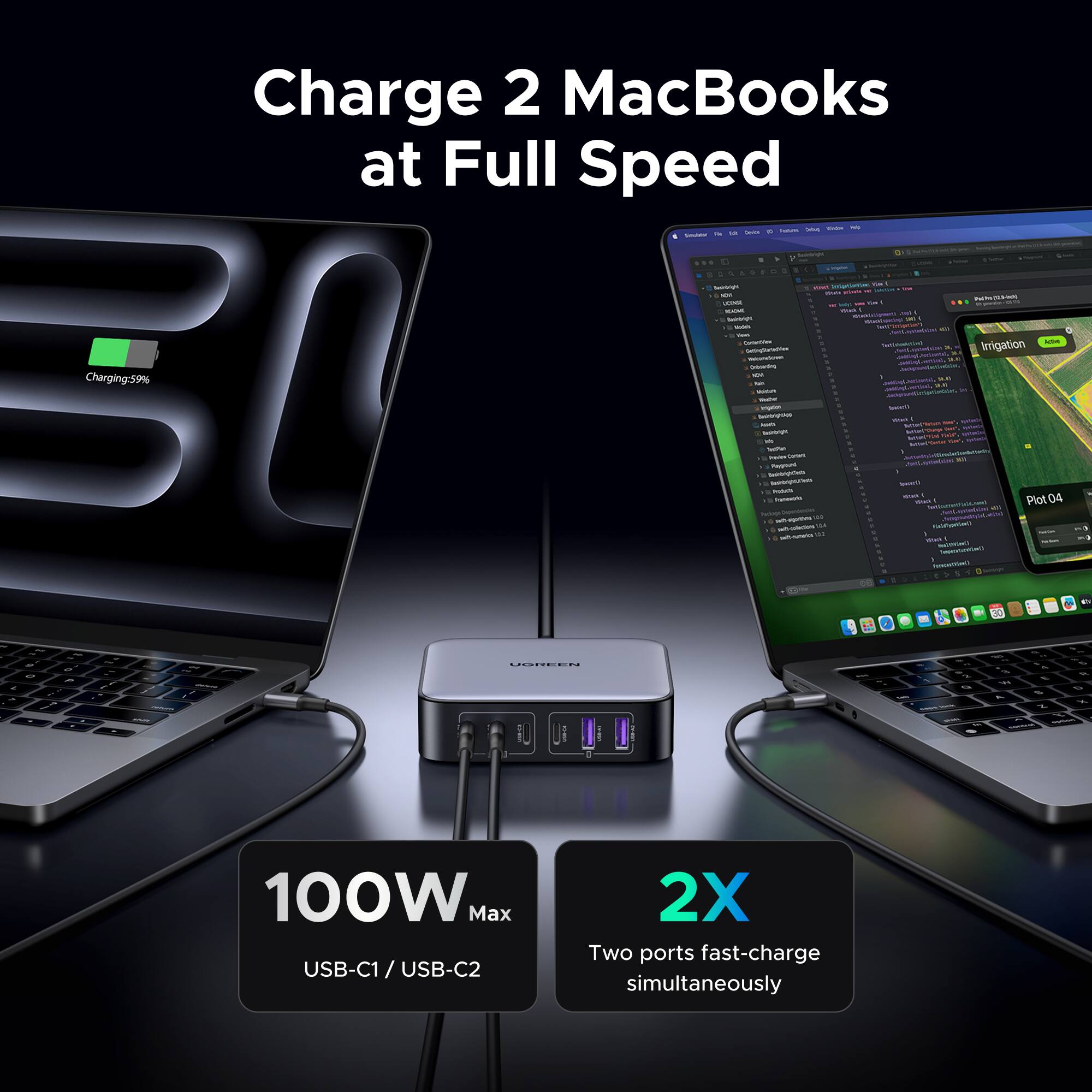 Charge 2 MacBooks at Full Speed - 100W Max USB-C1 / USB-C2 - 2X Two ports fast-charge simultaneously