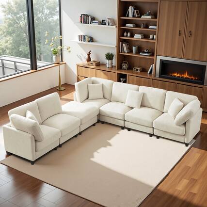 Front. Meqiodas - Modular Sectional Sofa, 7 Seater Cloud Sectional Couch with Movable Ottoman, Chenille Sofa Couch for Living Room - Beige.