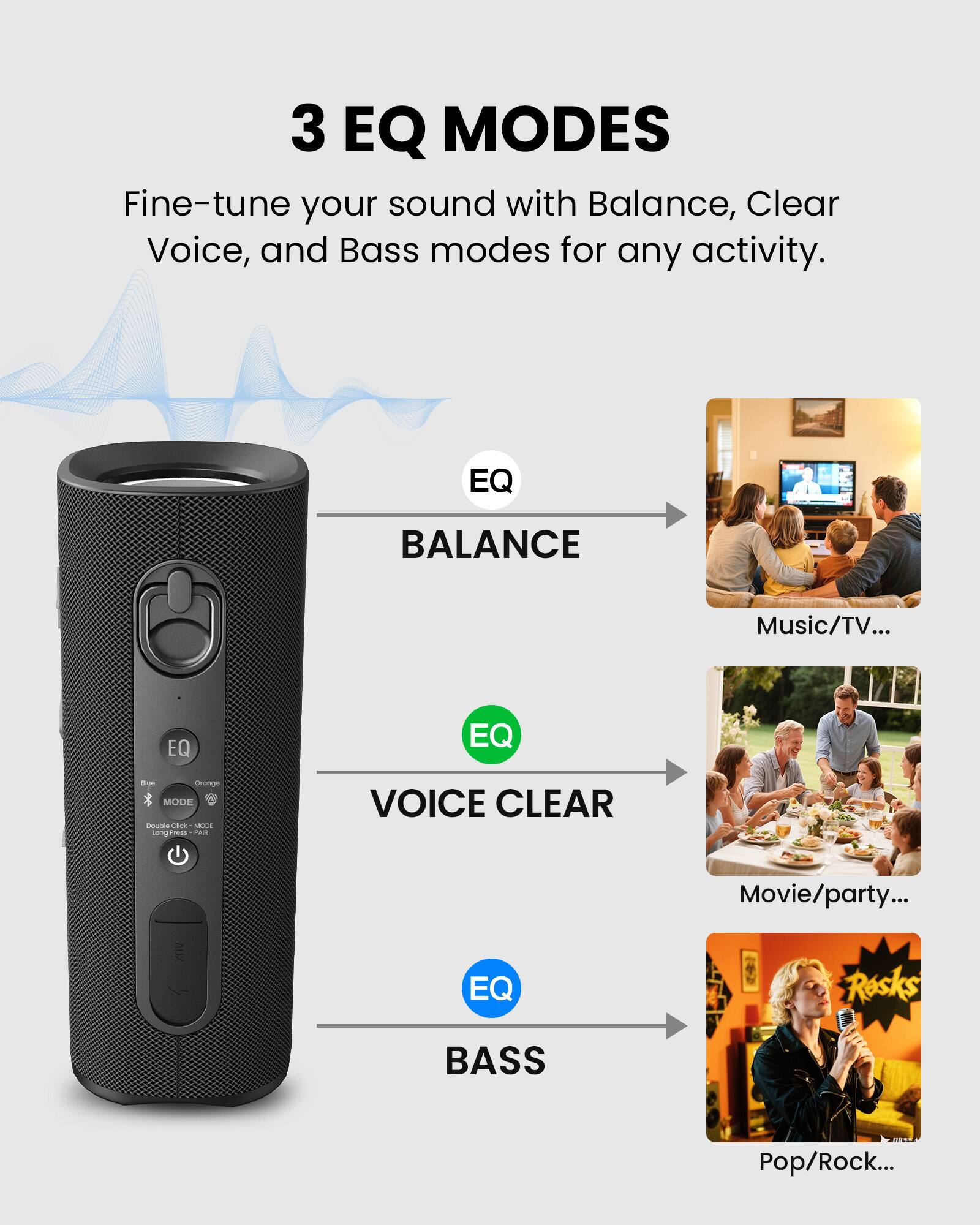 3 EQ MODES  
Fine-tune your sound with Balance, Clear Voice, and Bass modes for any activity.

EQ  
- BALANCE  
  Music/TV...

EQ  
- VOICE CLEAR  
  Movie/party...

EQ  
- BASS  
  Pop/Rock...
