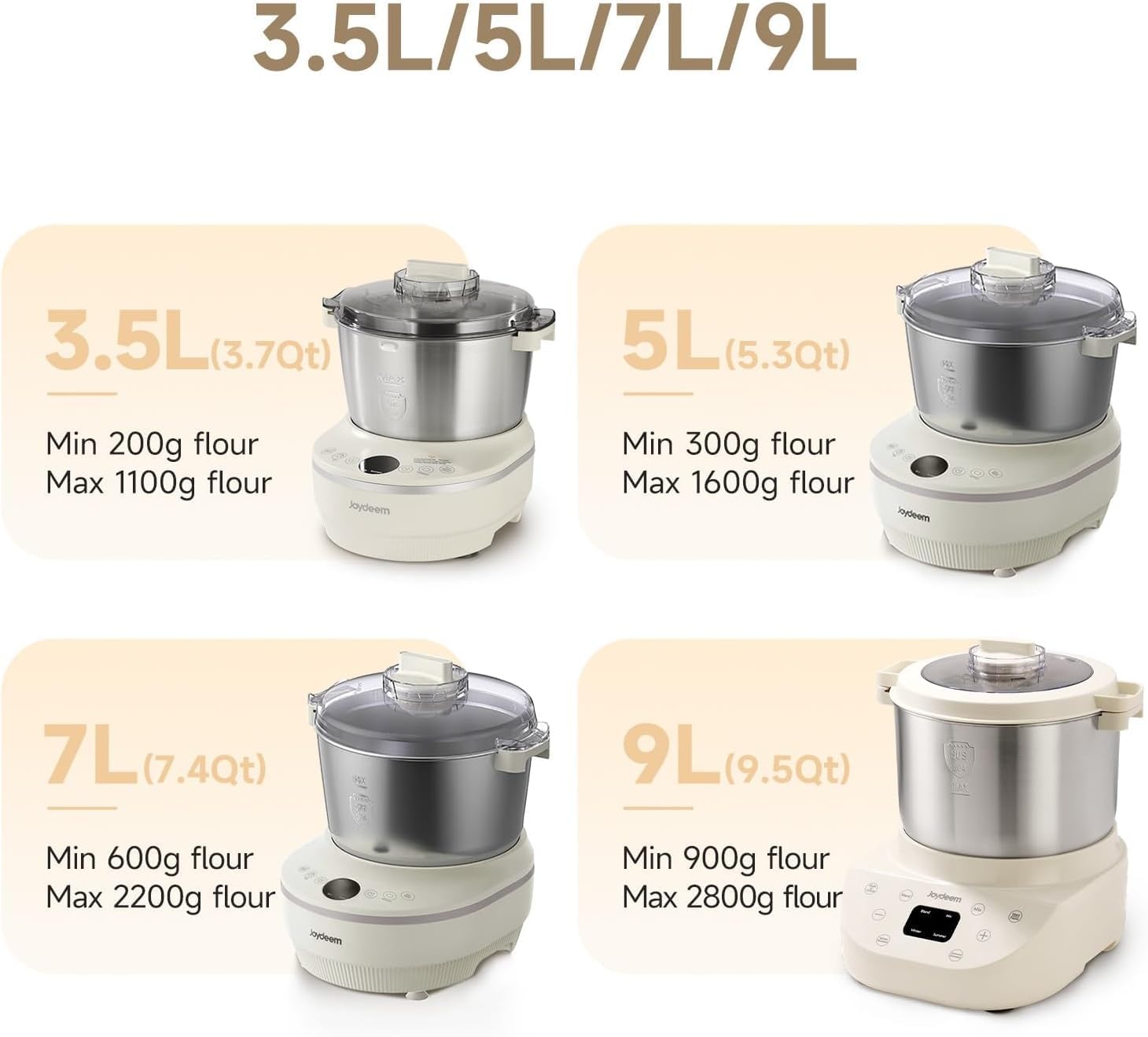 3.5L/5L/7L/9L

3.5L (3.7Qt)
Min 200g flour Max 1100g flour
Joydeem

5L (5.3Qt)
Min 300g flour Max 1600g flour
Joydeem

7L (7.4Qt)
Min 600g flour Max 2200g flour
Joydeem

9L (9.5Qt)
Min 900g flour Max 2800g flour
Joydeem