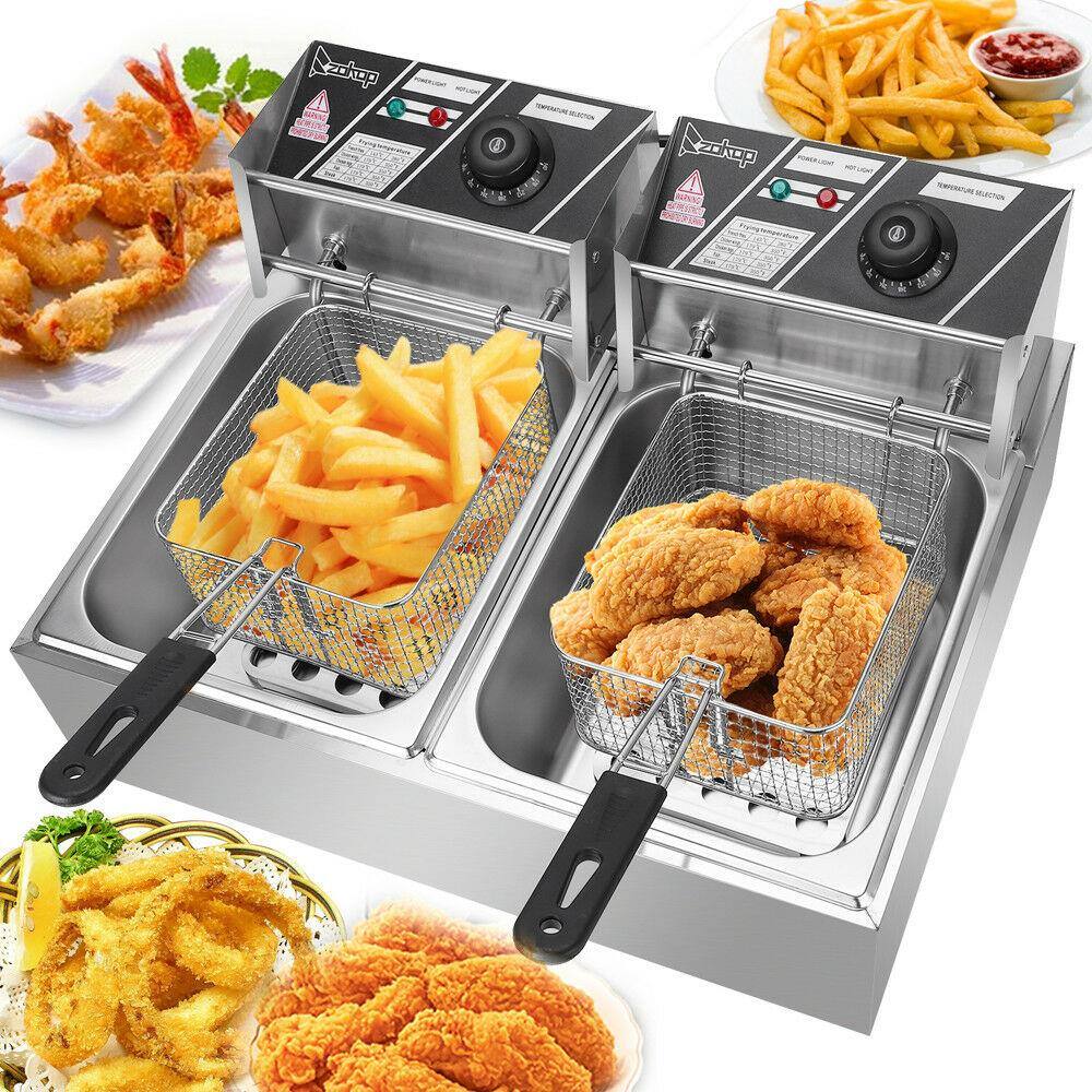 Front. Winado - 5000W 12 L Electric Deep Fryer Portable Dual Tank Basket Commercial Restaurant - Sliver.