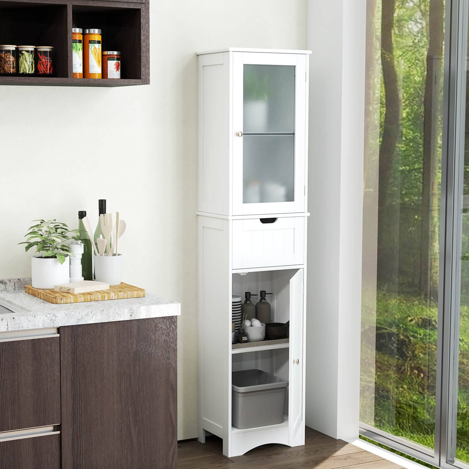 Alt View 1. Costway - Costway 67" Tall Slim Bathroom Cabinet with 2 Adjustable Shelves 2 Doors and 1 Drawer - White.