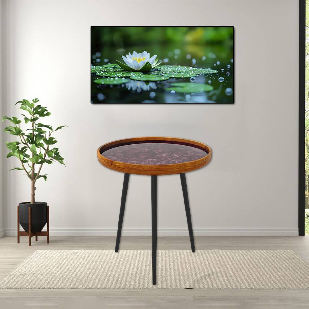 Front. Hivvago - 16/20-Inch Round Accent Table with Seashell Inlay and Glossy Epoxy Coating - Large - Brown.