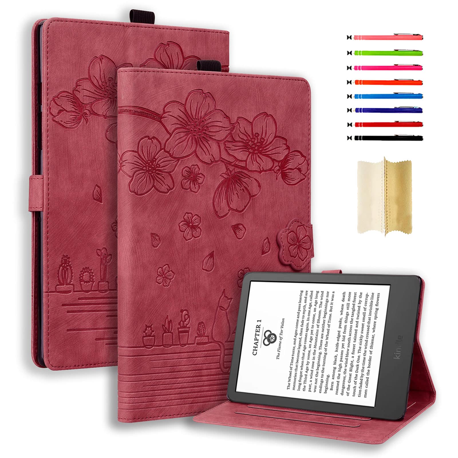 Dteck - For Amazon Kindle Paperwhite (2024) and Kindle Colorsoft Embossed Flower Pattern Folio Case Card Slots Kickstand Cover - Winered