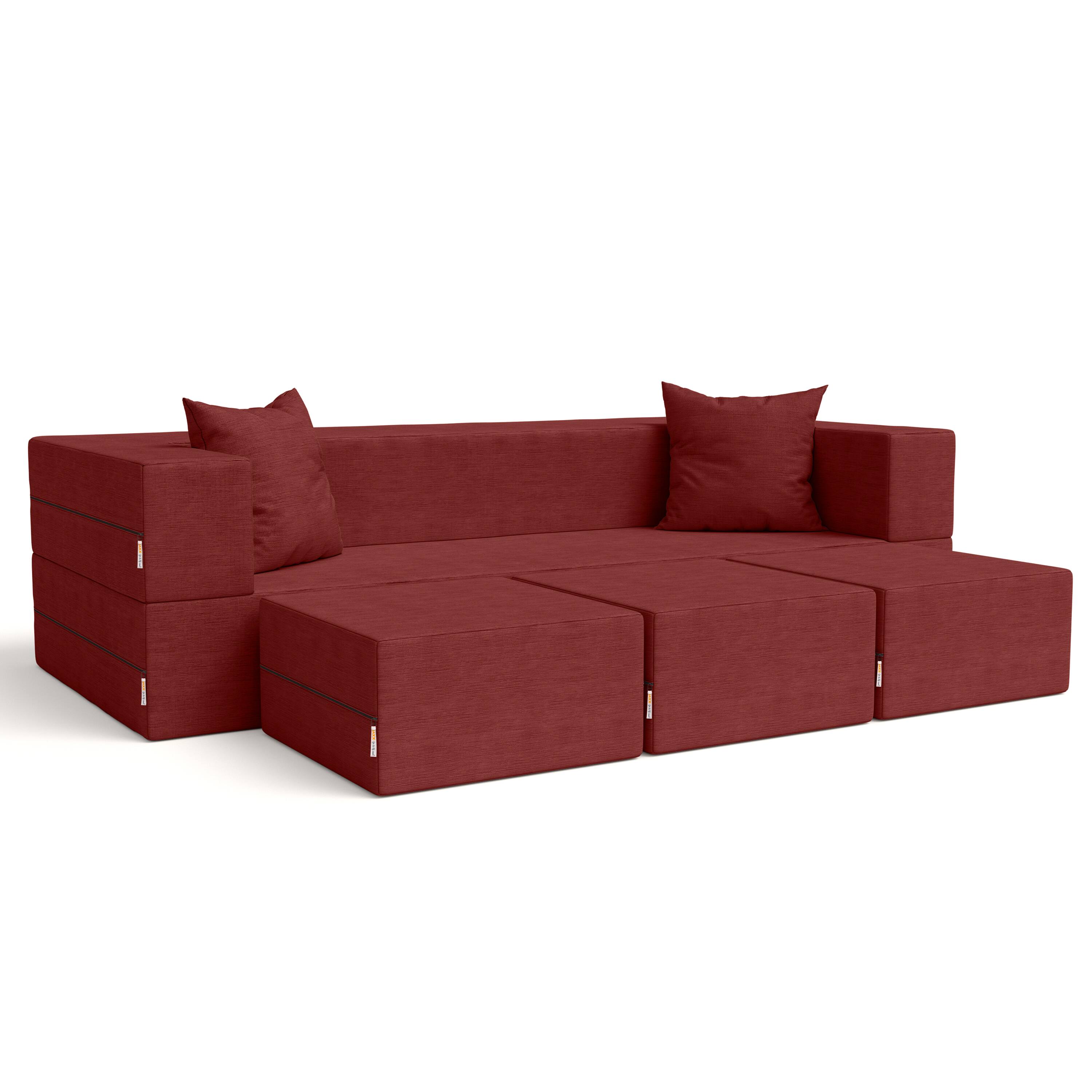 Jaxx - Zipline Convertible Sleeper Sofa & Three Ottomans/California King-Size Bed, Textured Microvelvet - Berry Red
