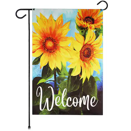 Front. G128 - Sunflower Garden Flag with Welcome Message 12 x 18 in - Assorted Colors.