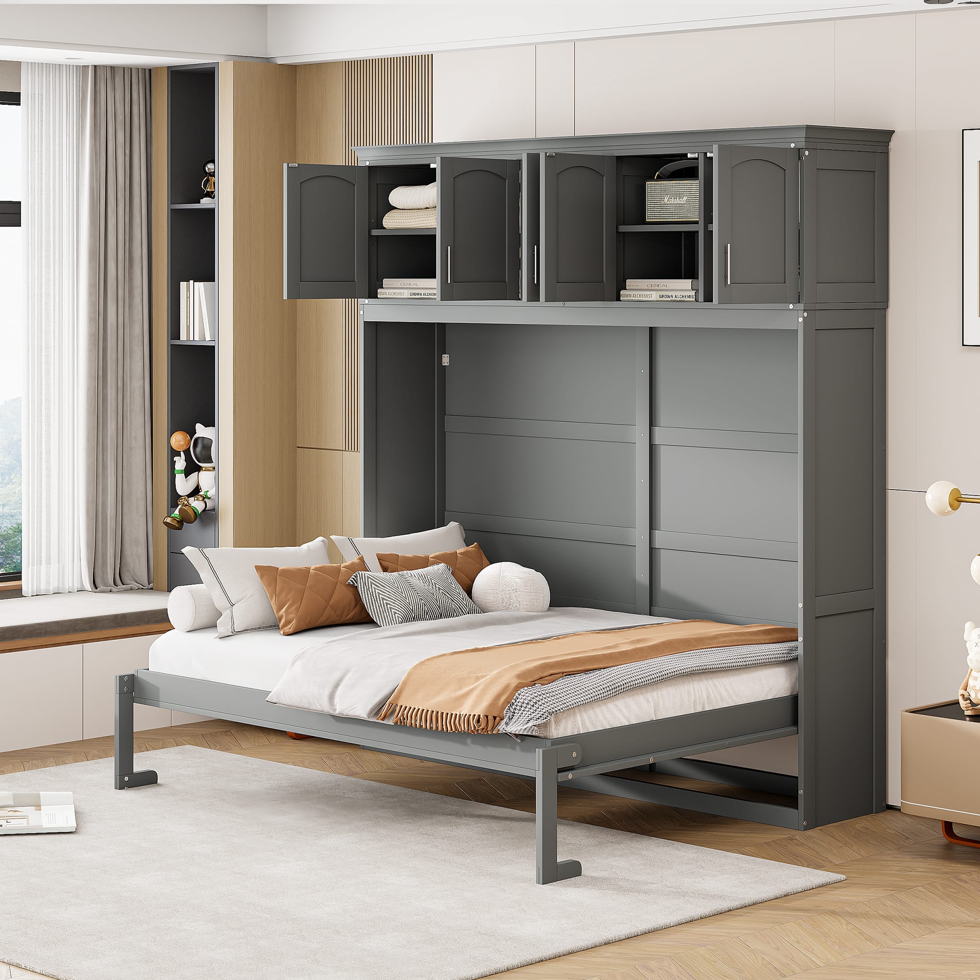 Tiramisubest - Full Size Gray Murphy Wall Bed with Cabinets, Plywood, Space-Saving - Gray
