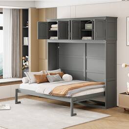 Tiramisubest - Full Size Gray Murphy Wall Bed with Cabinets, Plywood, Space-Saving - Gray