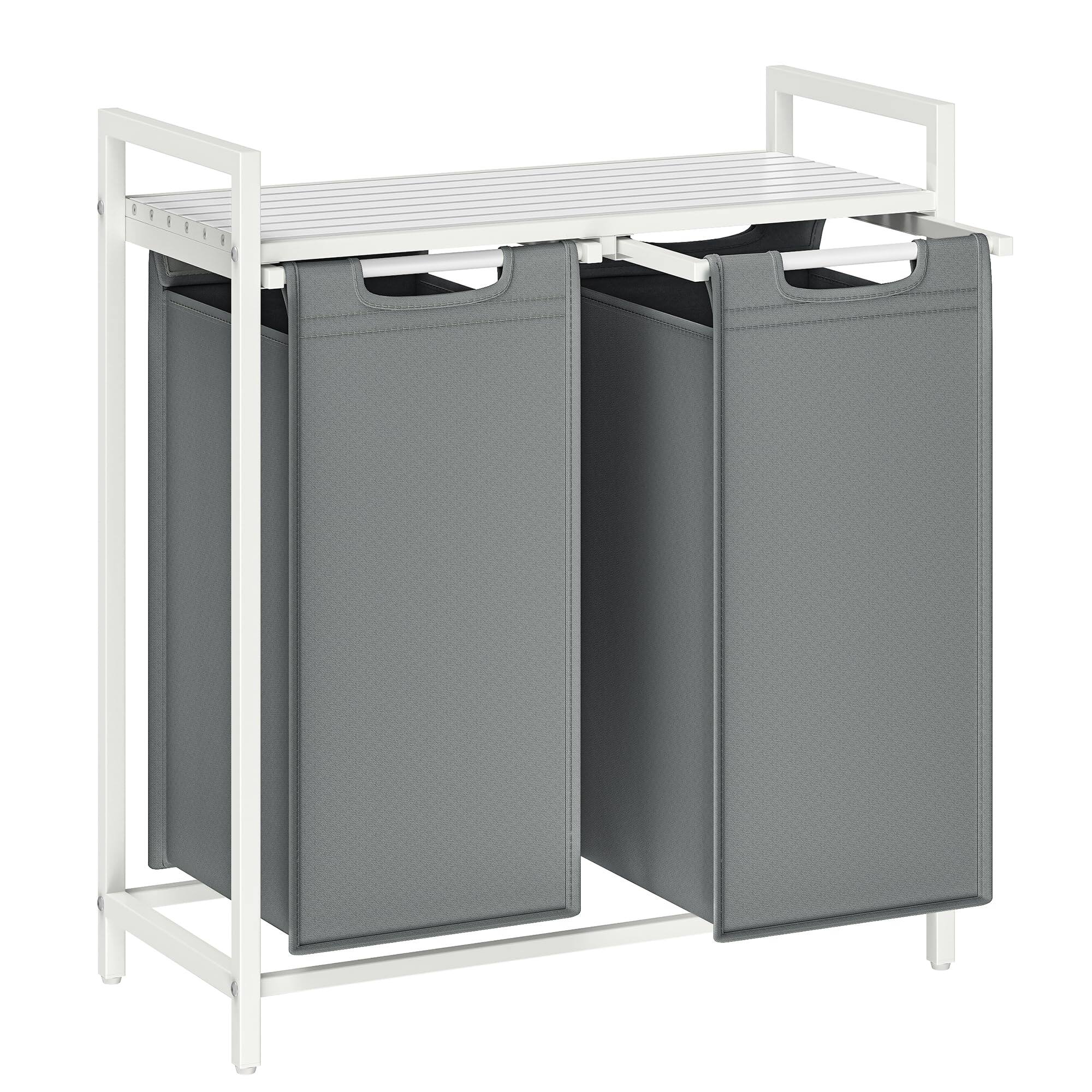 Front. JETRANSPORT - Laundry Hamper Basket Sorter With 2 Pull-out And Removable Bags Shelf Metal Frame 2 X 12.1 Gallons (46 L) - Slate Gray + Cloud White 2 Bags - 92 L.